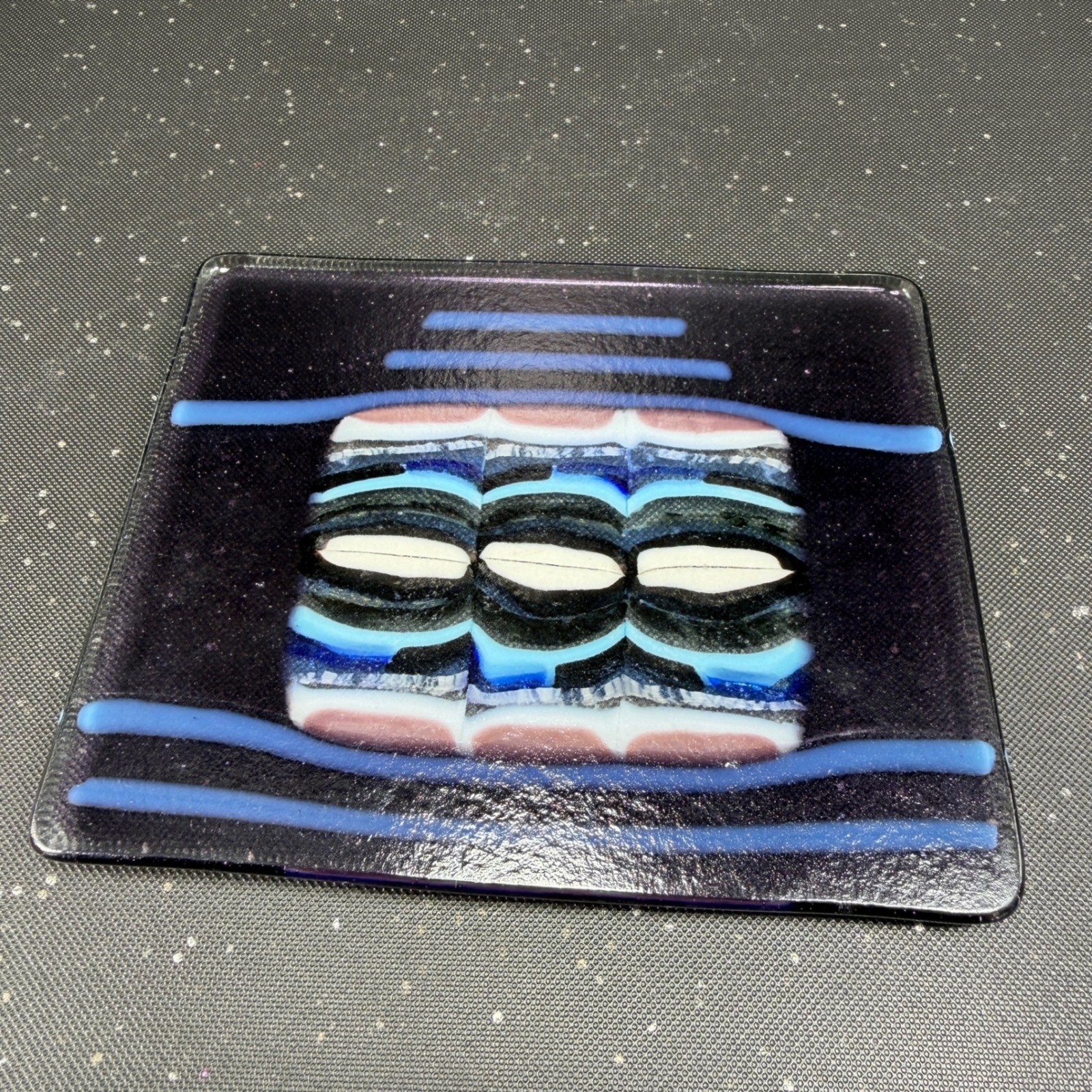 Handmade Fused Glass Art Plate Abstract Geometric Purple Turquoise 6×5 Inch