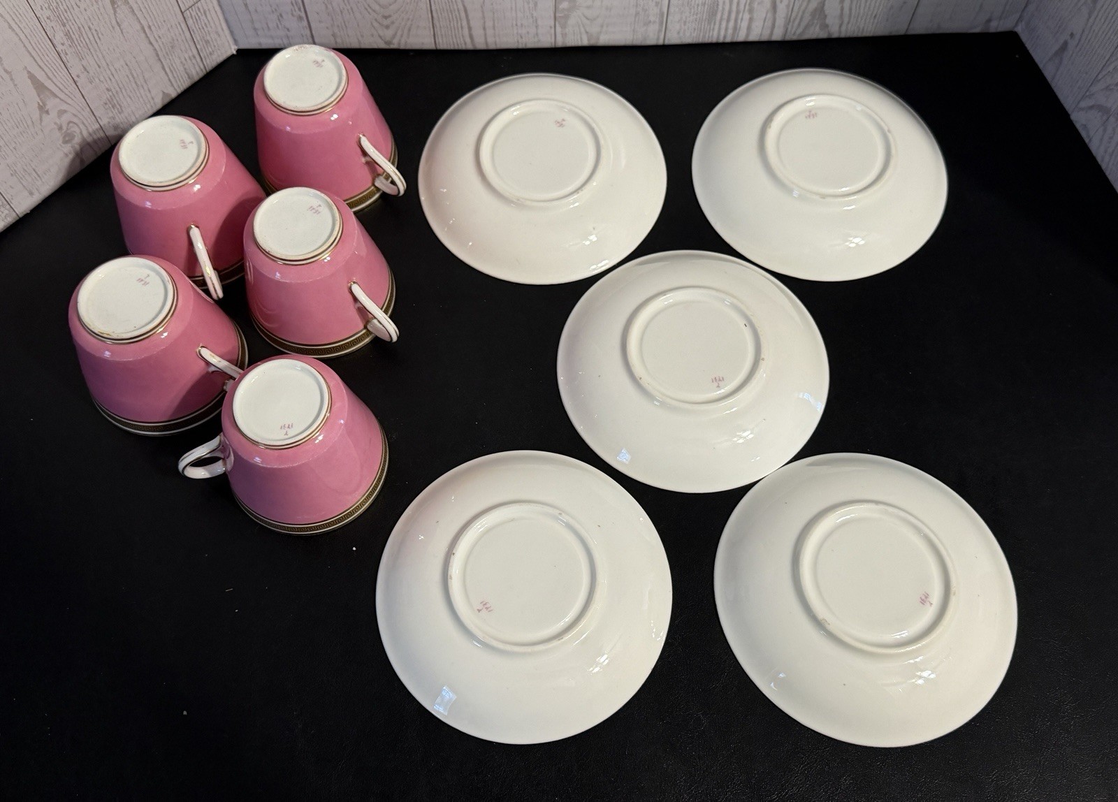 ANTIQUE CAULDON PINK SET OF 5 COFFEE TEA CUPS & SAUCERS GREEK KEY PORCELAIN RARE