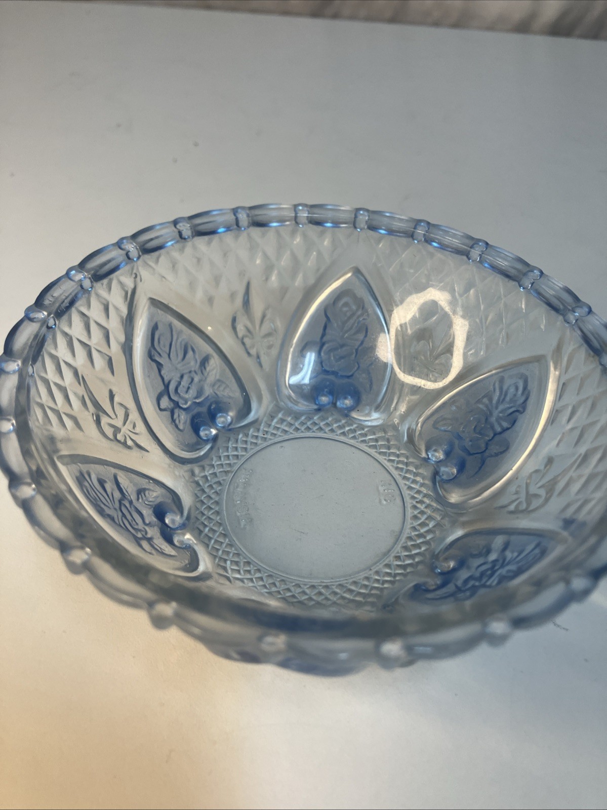 VTG KIG Indonesia Light Blue Pressed Glass Candy Dish Bowl Floral Heart 5”x2”