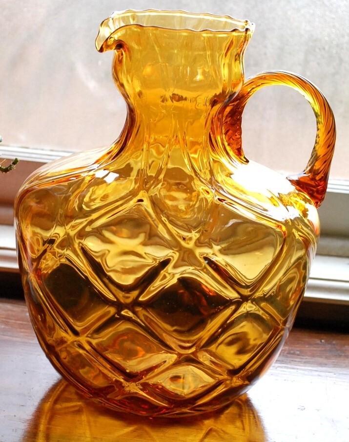 Rare EMPOLI PITCHER 1960s AMBER GLASS OPTIC DIAMOND Hand Blown 10″ Twist Handle