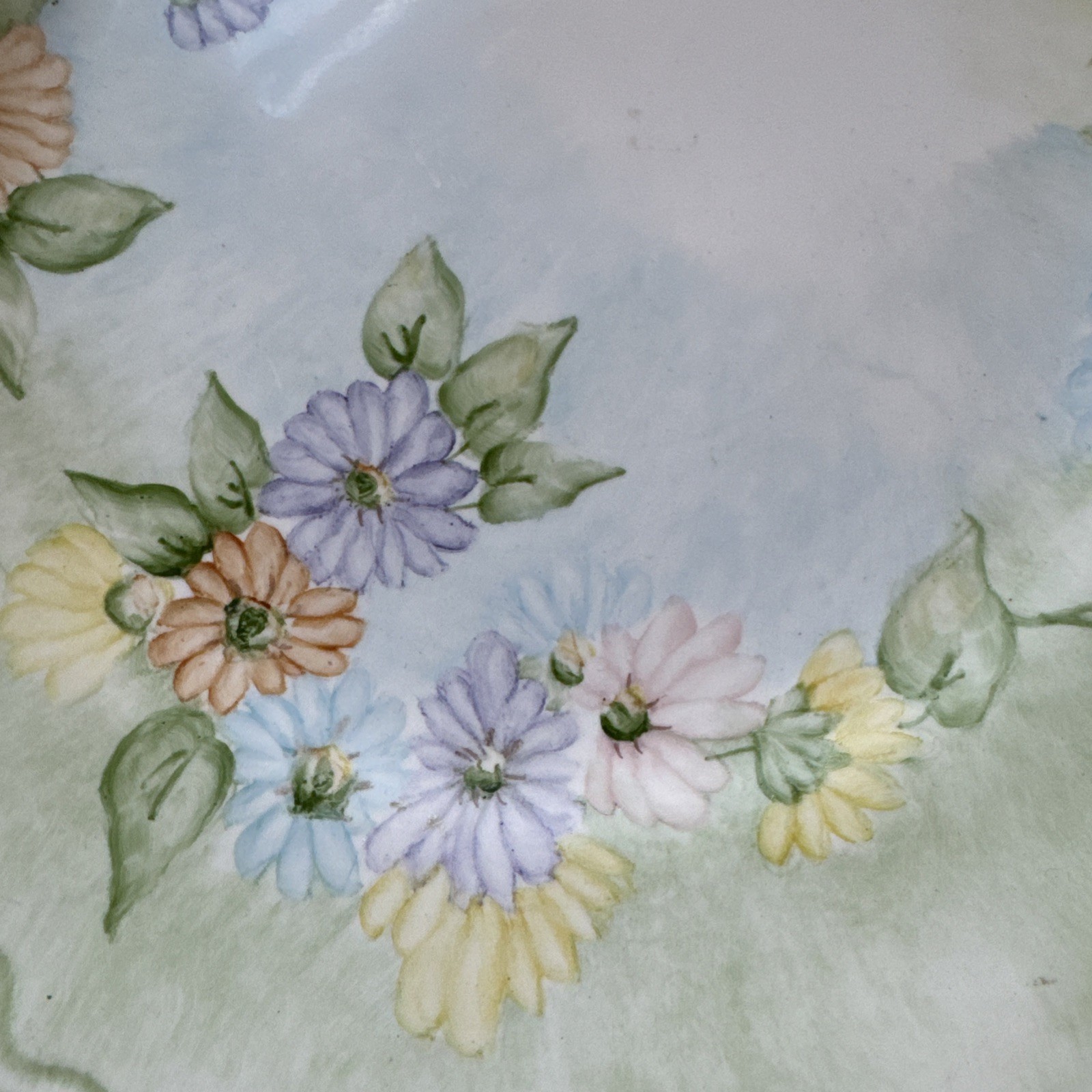 Vintage Hand Painted Floral 9.5” Dinner Plate Green Border Cottagecore Decor