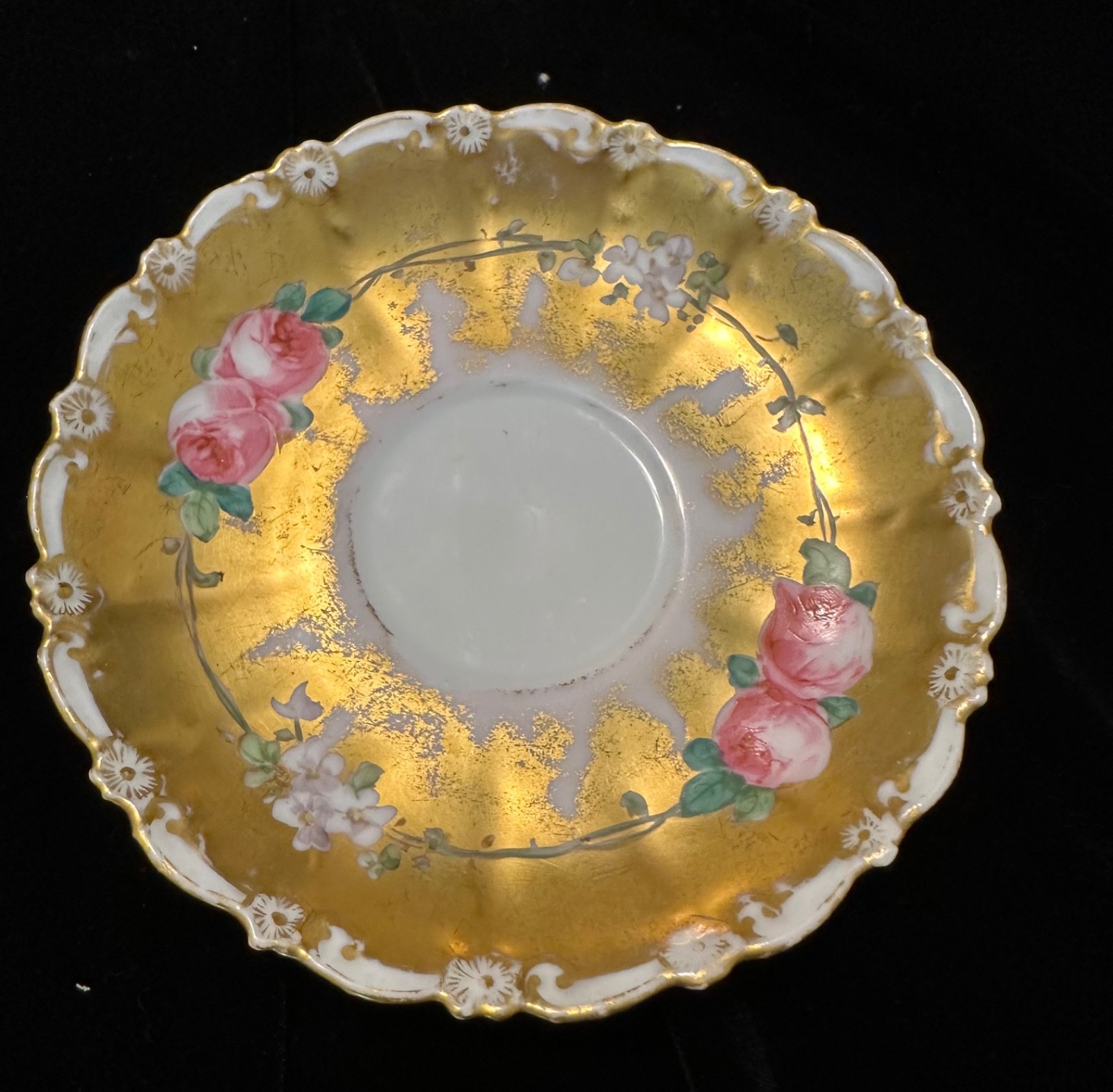 Antique Limoges Coronet Heavy Gold Cabbage Roses Trio Cup Saucer Plate handpaint