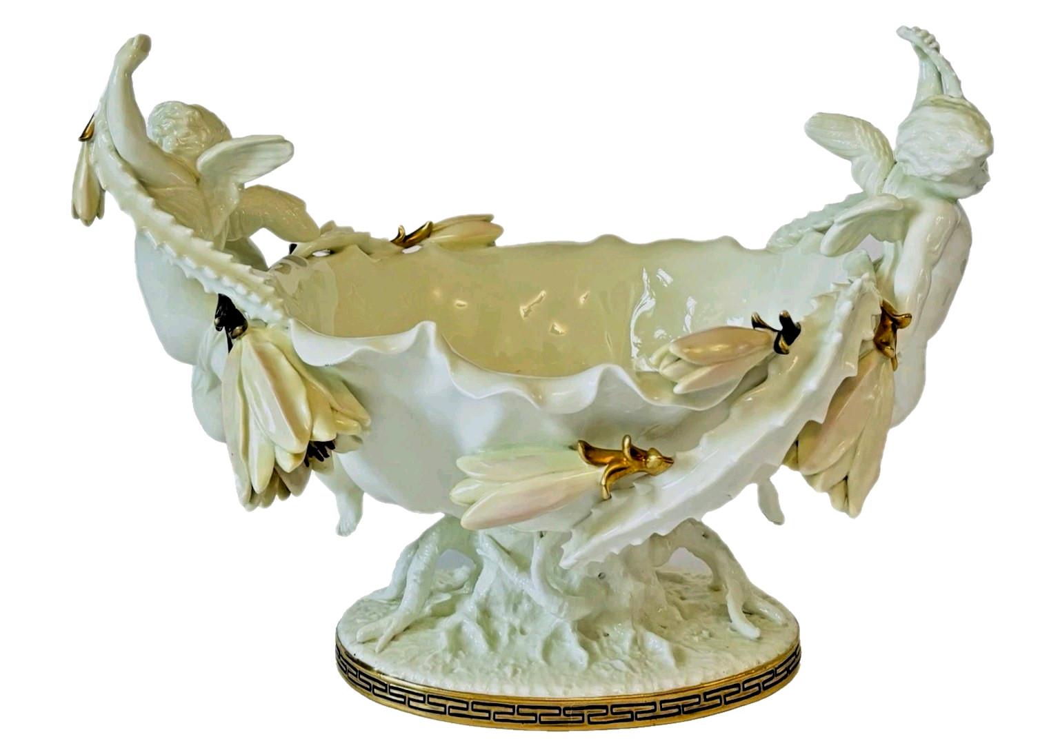 Antique Moore Bros. English Porcelain Cactus Flower Double Cherub Centerpiece