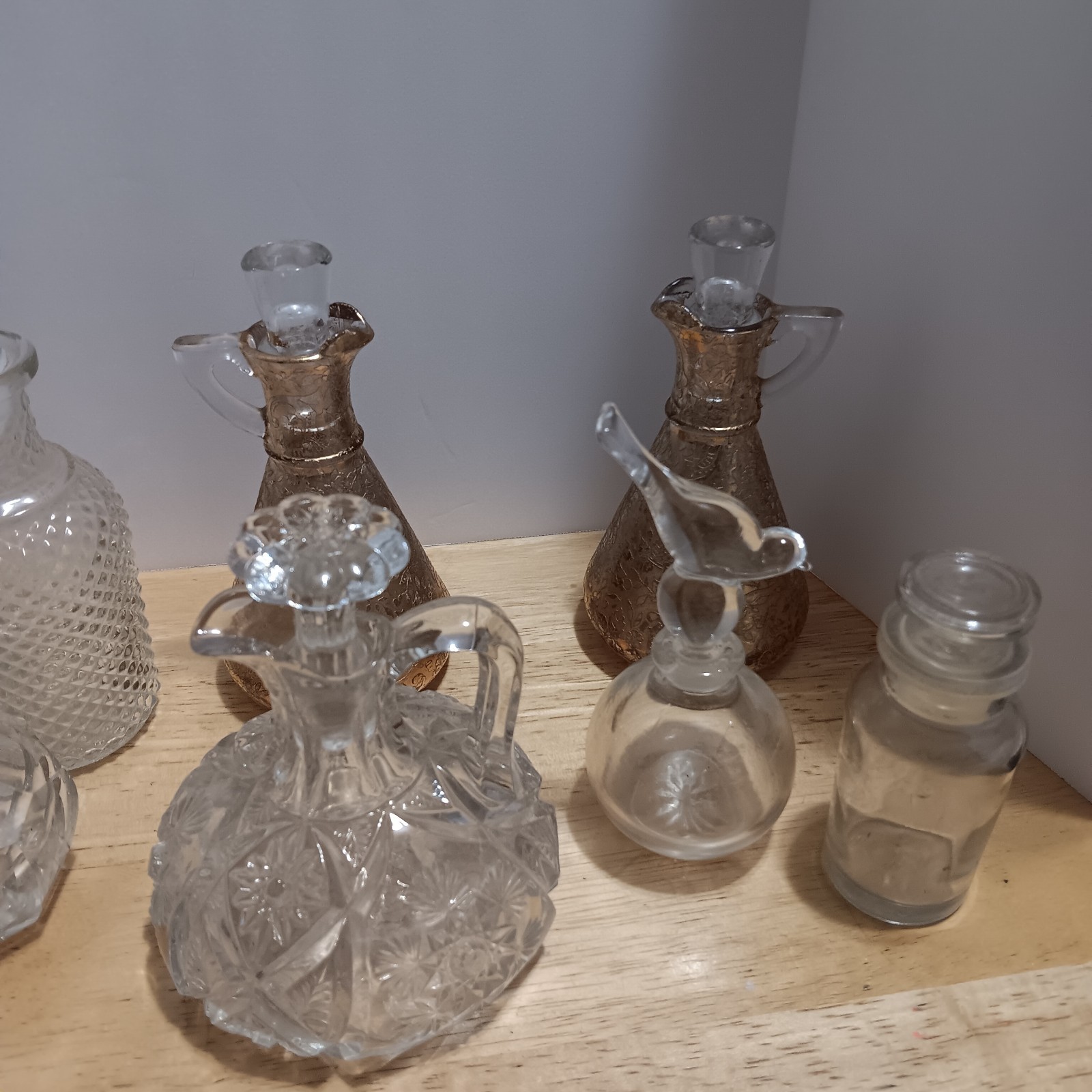 Lot of 9 Vintage Antique Glass Cruets & Decanters with Stoppers Mixed Patterns
