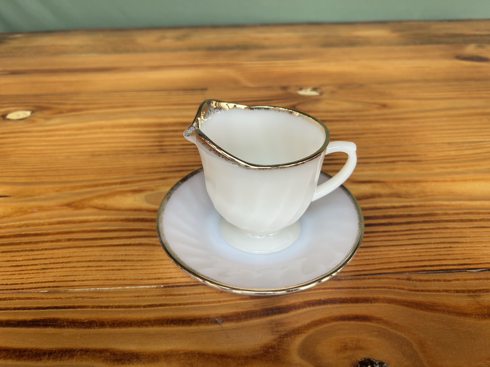 2-PC Vintage Fire King Milk Glass Creamer Pitcher & Saucer Plate Ovenware USA