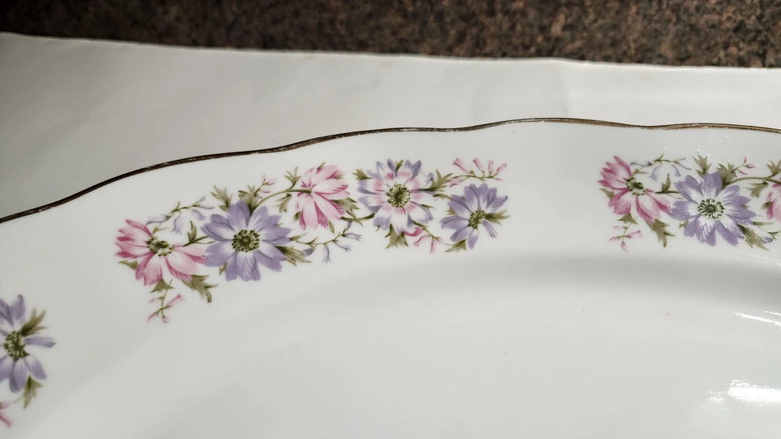 Serving Platter 15×11″ Favolina Roulette Pink Purple Floral Gold Poland Vintage