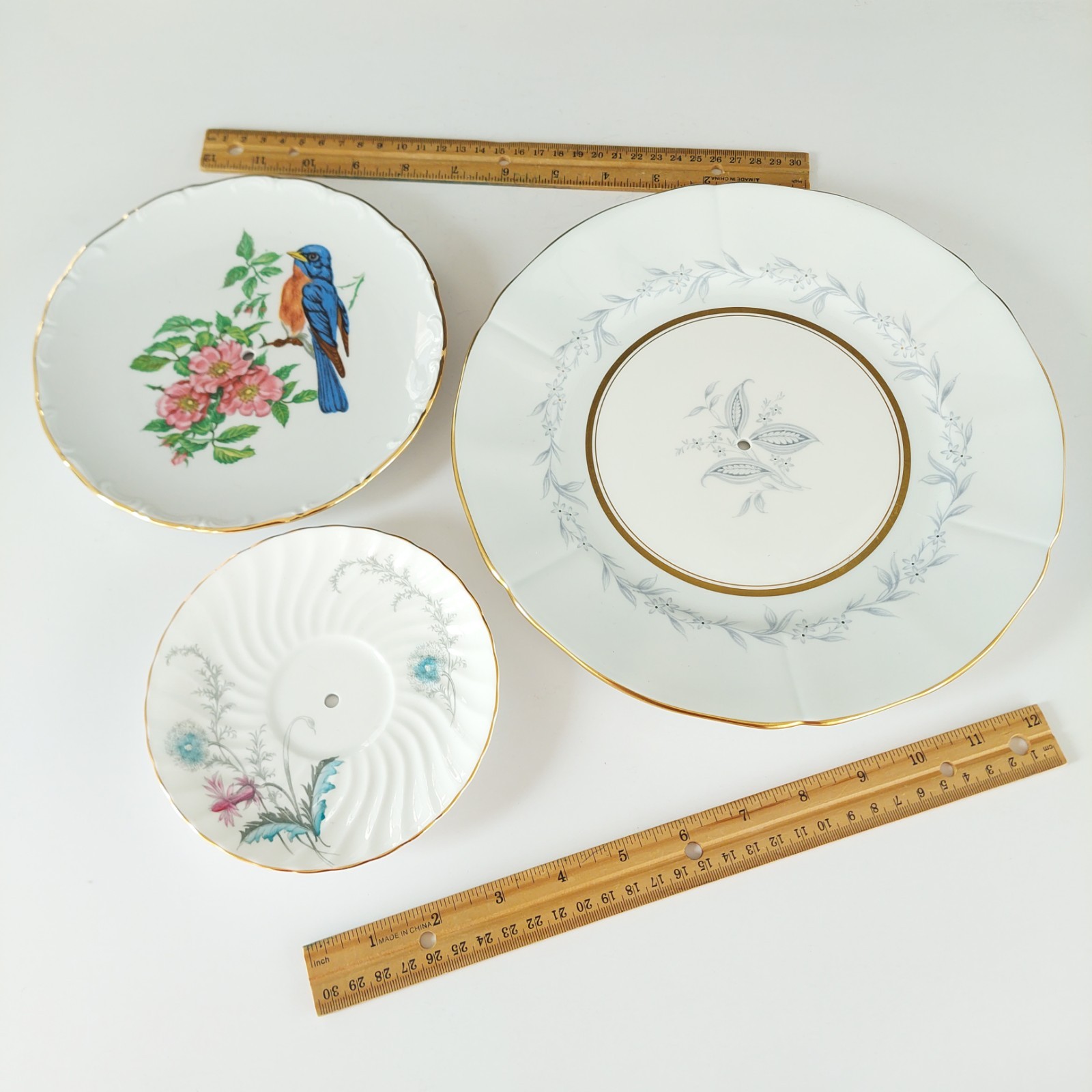 Vintage 3 Tier Cake Stand Bone China Porcelain Bluebird Floral Afternoon Tea