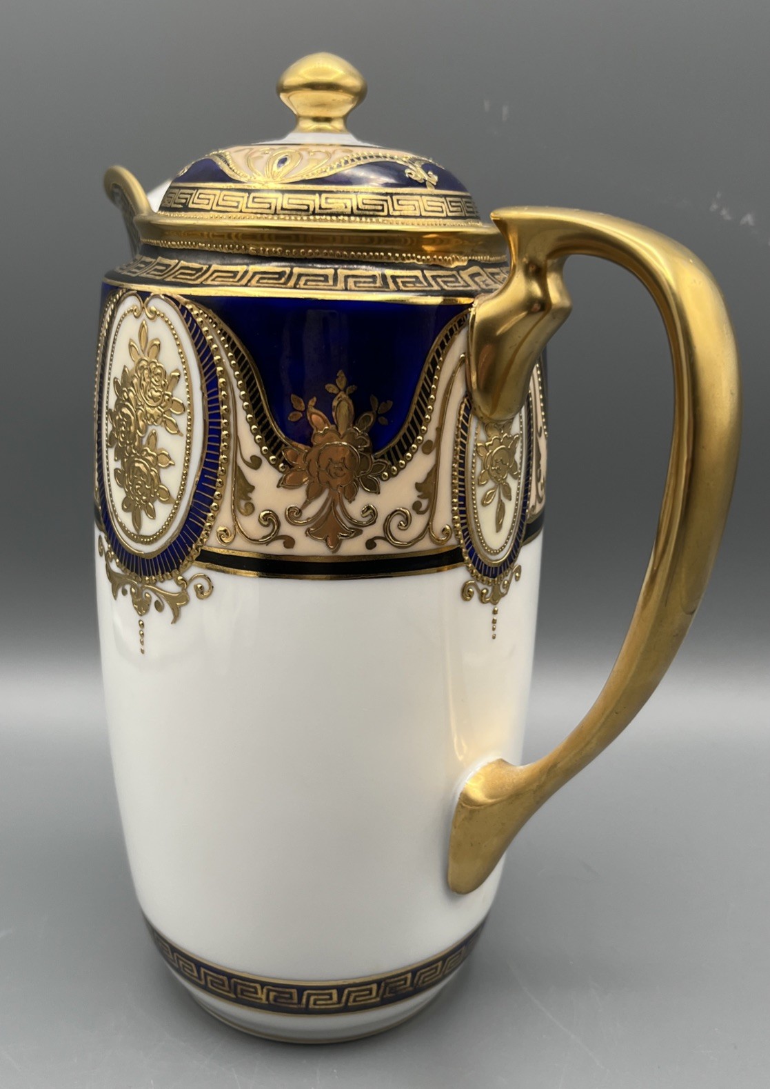 Rare Noritake Cobalt & Gold Ornate Neoclassical Coffee Pot Greek Key Porcelain