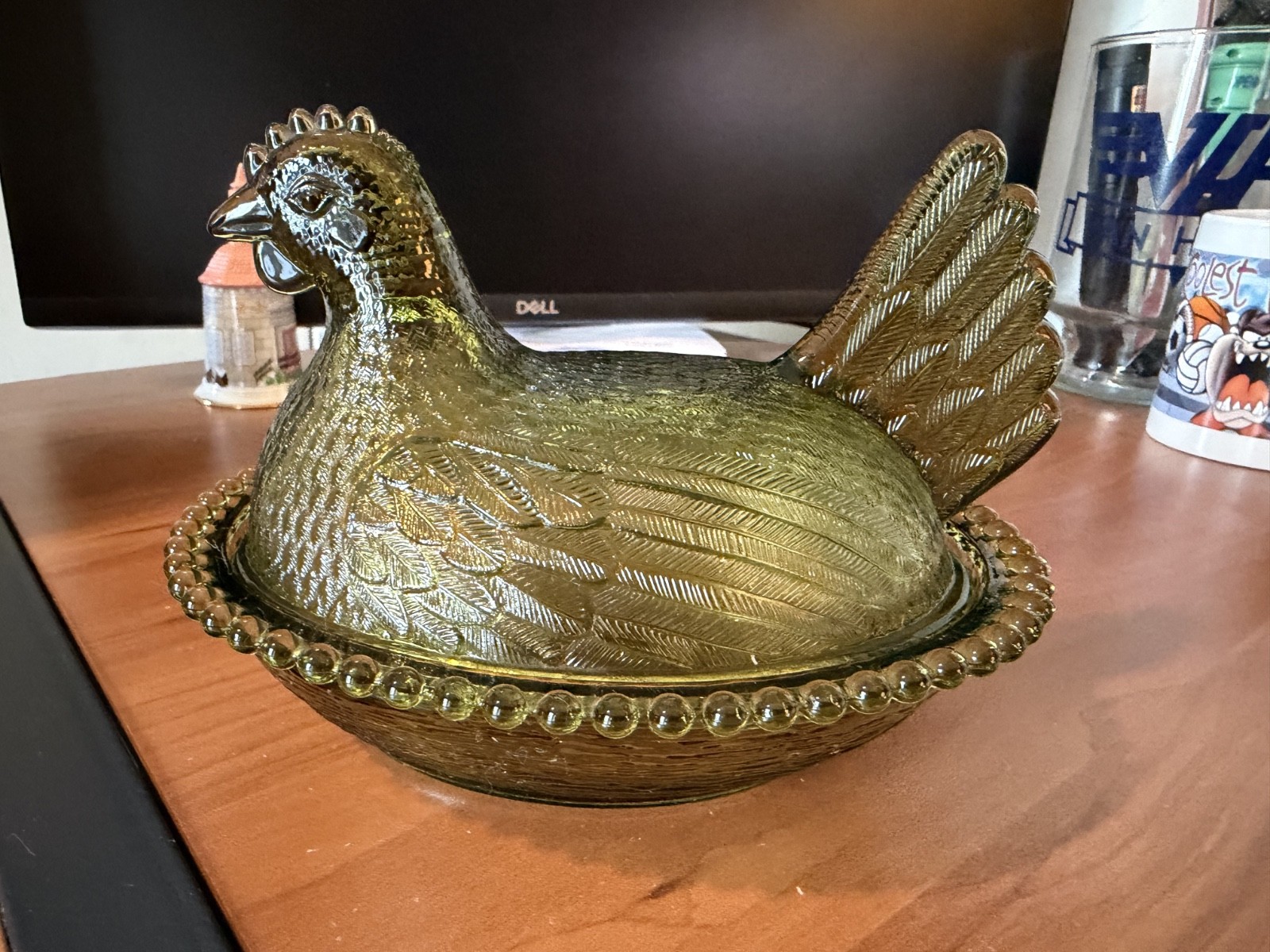 VTG * Indiana Glass * GREEN * Hen On Nest Covered Candy Dish * Carnival