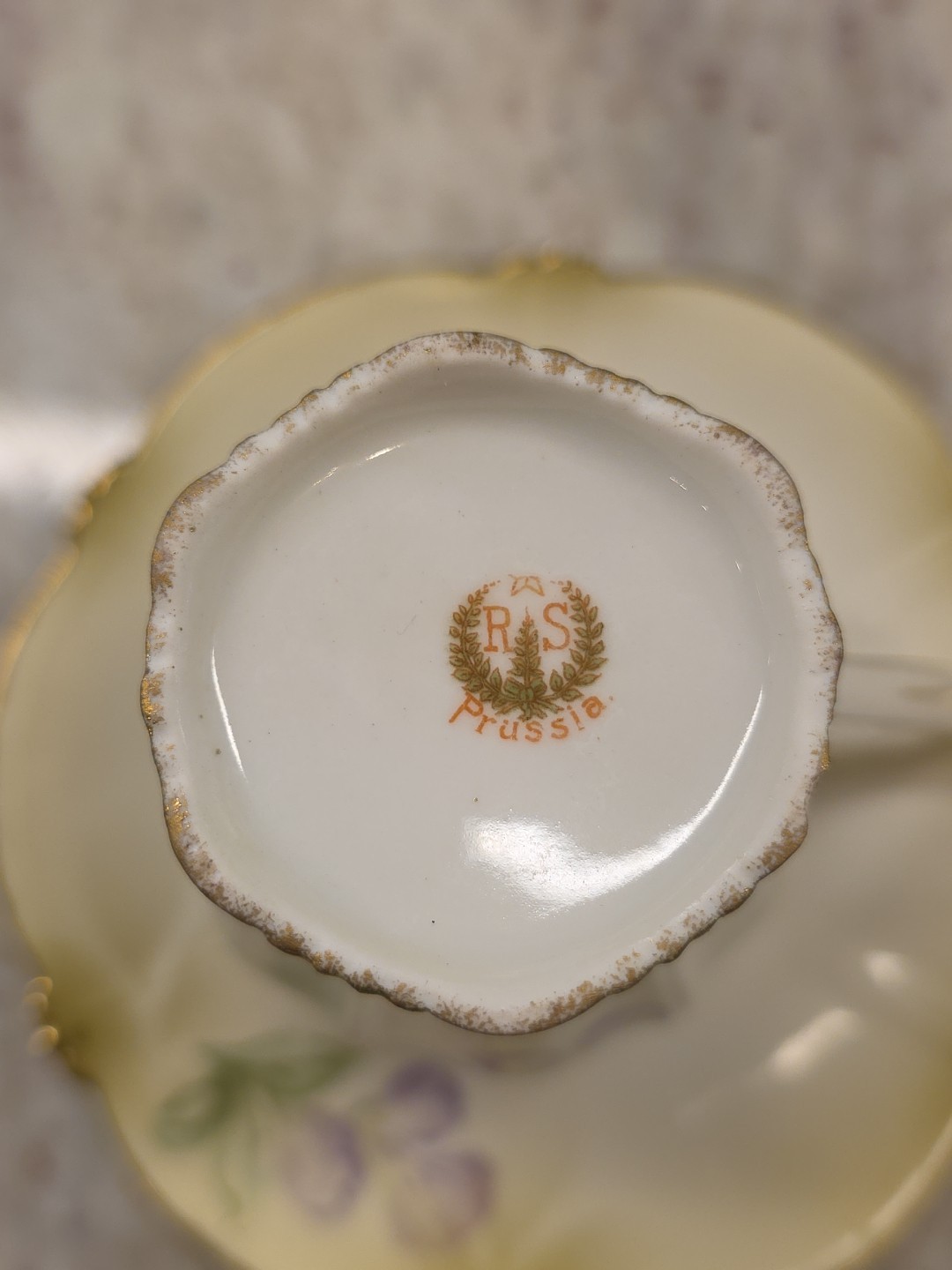 RS Prussia Cup and Saucer w/ Flowers Antique 1888-1910 w/ Red Star Green Wreath