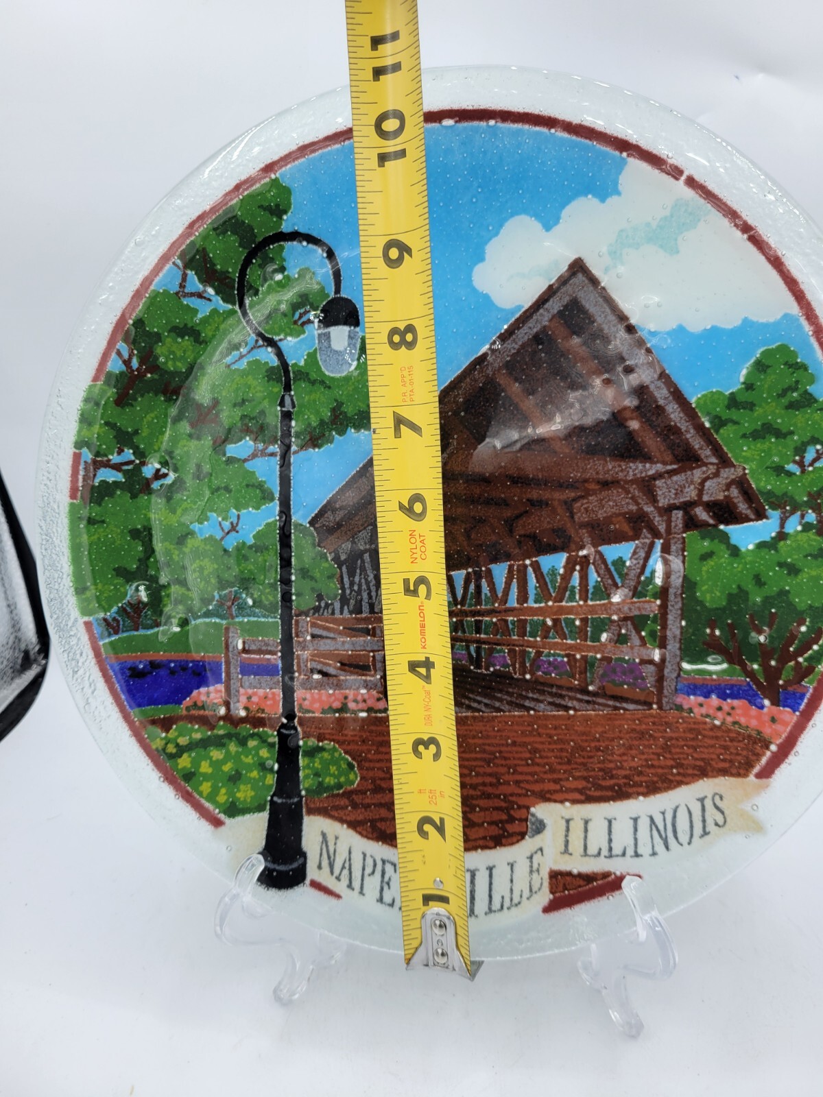 Peggy Karr Naperville Illinois Covered Bridge Fused Art Glass Plate Signed 11″