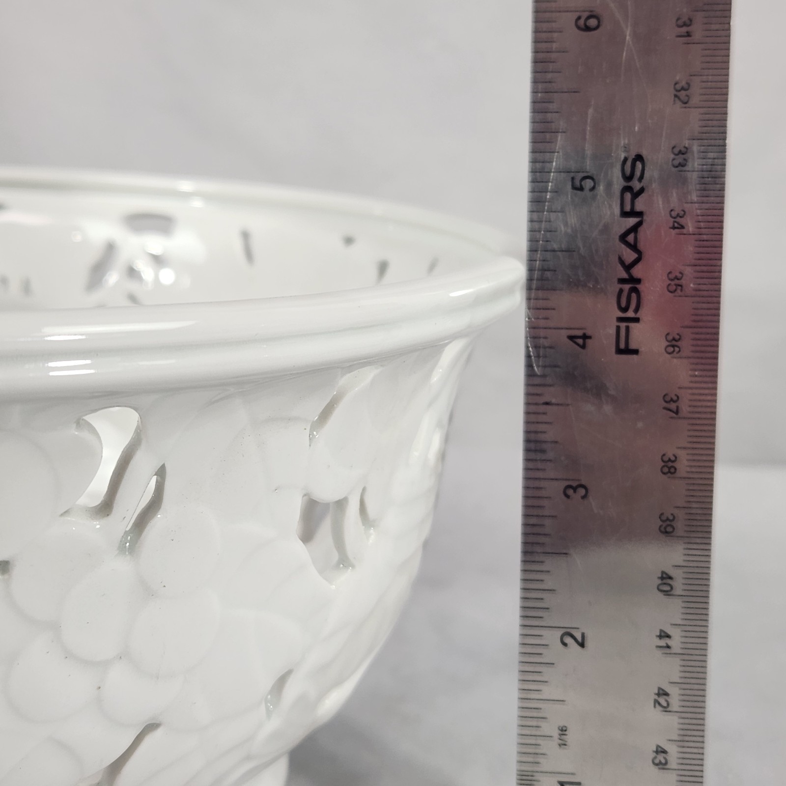 Vintage Pacific Rim Ceramic Bowl Filagree White Birds Fruit Leaves Cottage Farm