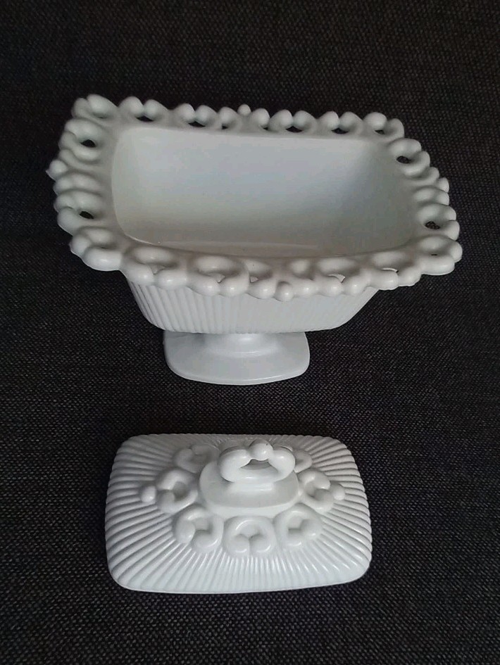 Westmoreland DORIC Ribbed Open Lace Milk Glass Pedestal Compote Bowl with Lid