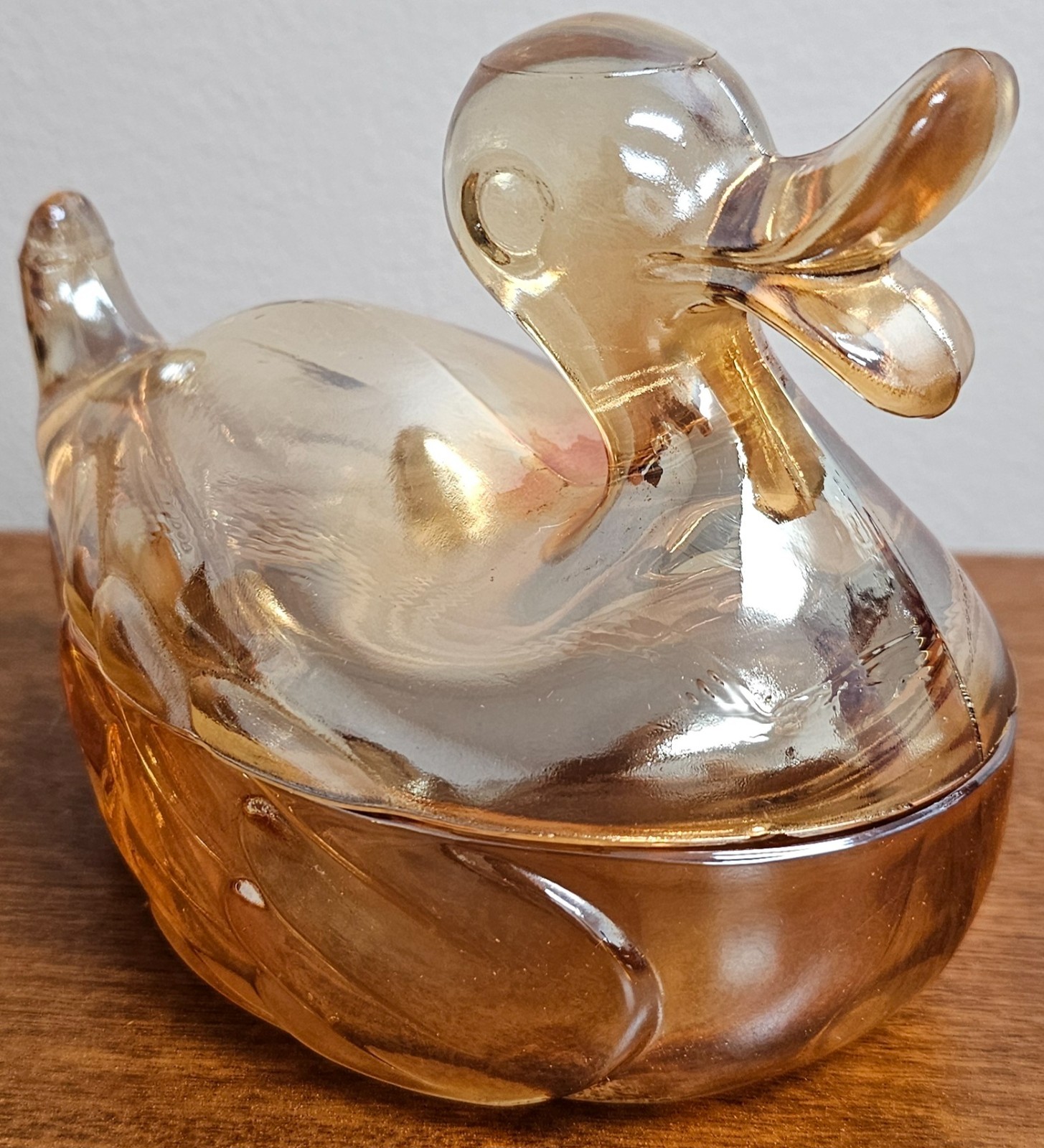 Vintage Jeannette Marigold Carnival Glass Duck On A Nest Candy Dish