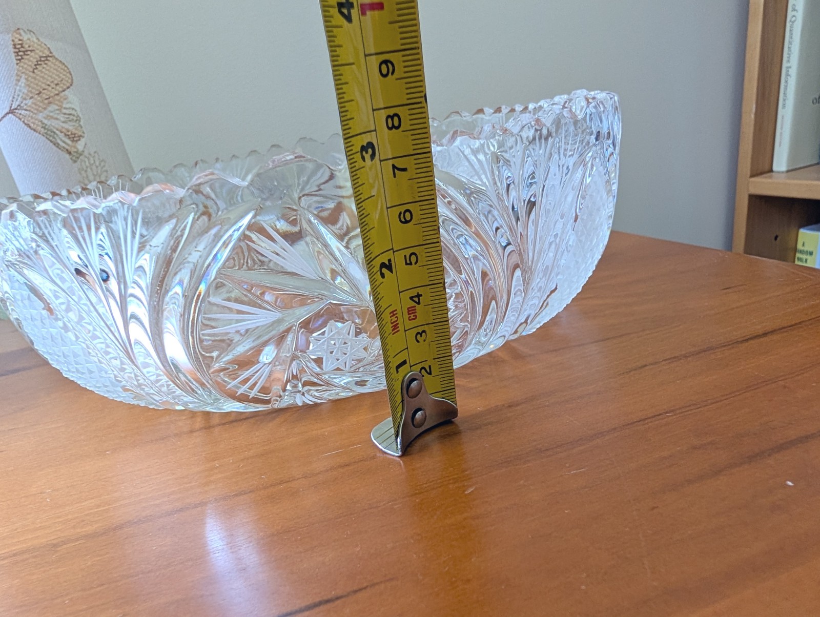 Vintage Cut Crystal Serving Bowl 9″ Starburst Fan Pattern Heavy Clear Glass