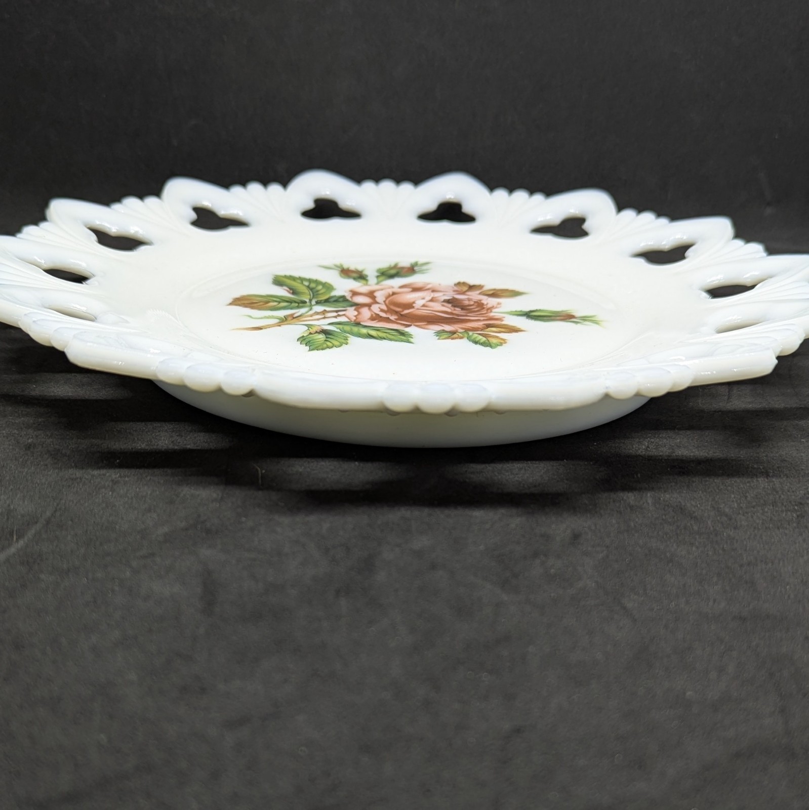 Vintage Laced Edge Milk Glass Plate Pierced Rose Flower Home Decor Dish Cottage