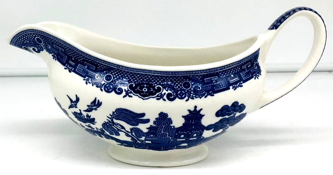 Vintage Blue and White Pottery Gravy Boat Oriental Old Willow Country Kitchen