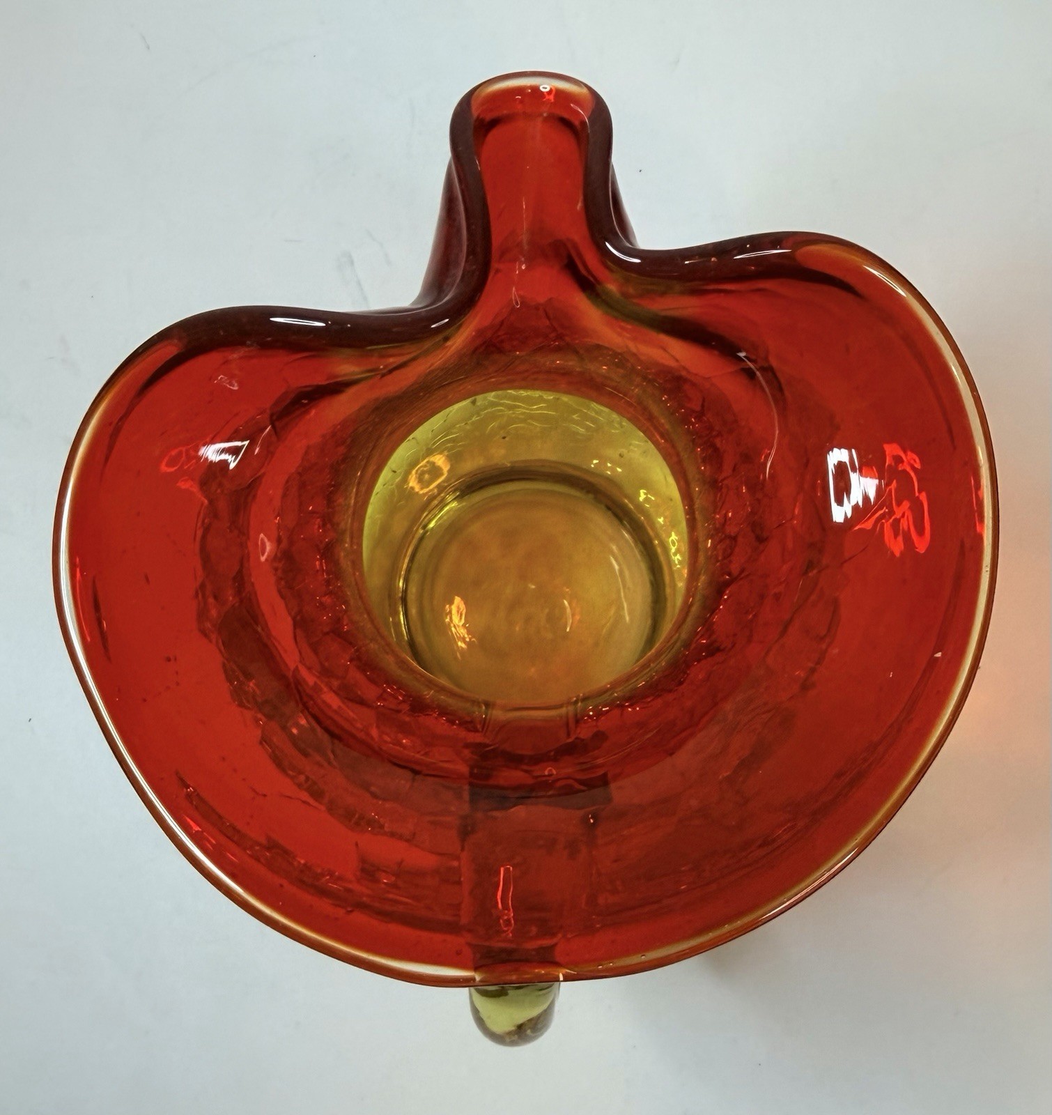 Vintage Crackle Hand Blown Art Glass Amberina Pitcher w Applied Handle 6” EB78