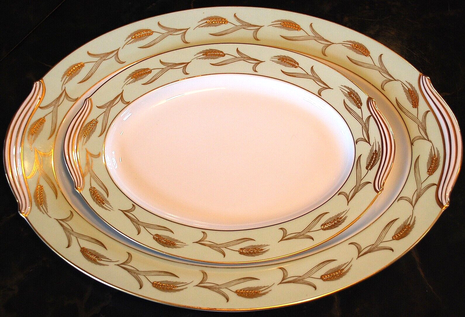 Set 2 Vintage Noritake ALICE Platters 16″ & 12″ GOLD WHEAT ON AQUA BAND c1951