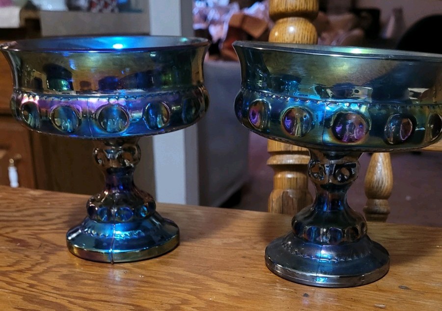 Set Blue Iridescent Carnival Glass Pedestal Compote Bowl, Round Glossy