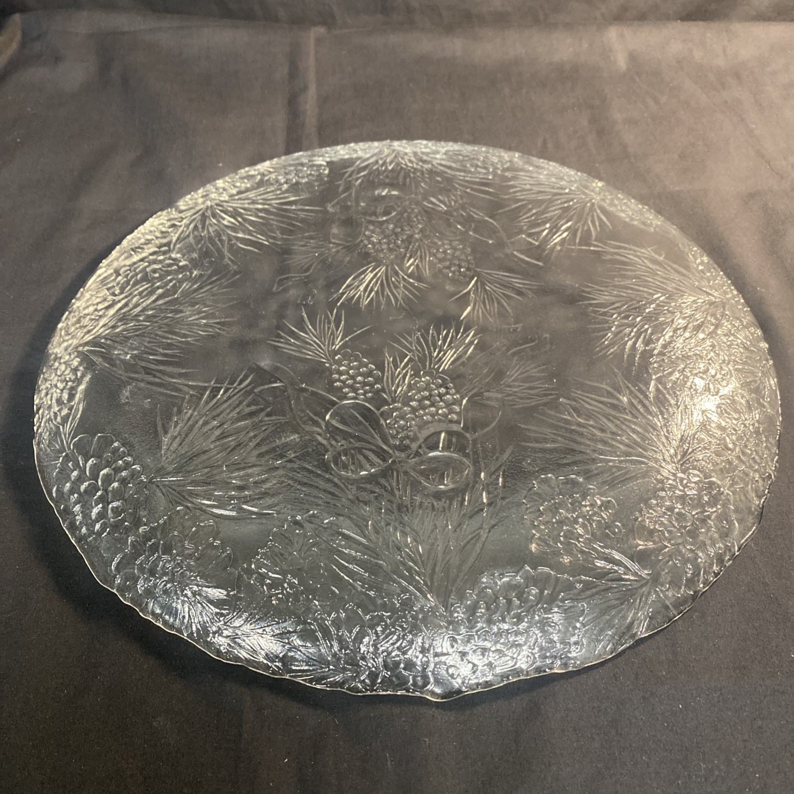 13″ Clear Holiday Round Platter Serving Glass Embossed Pinecones & Bows- Vintage