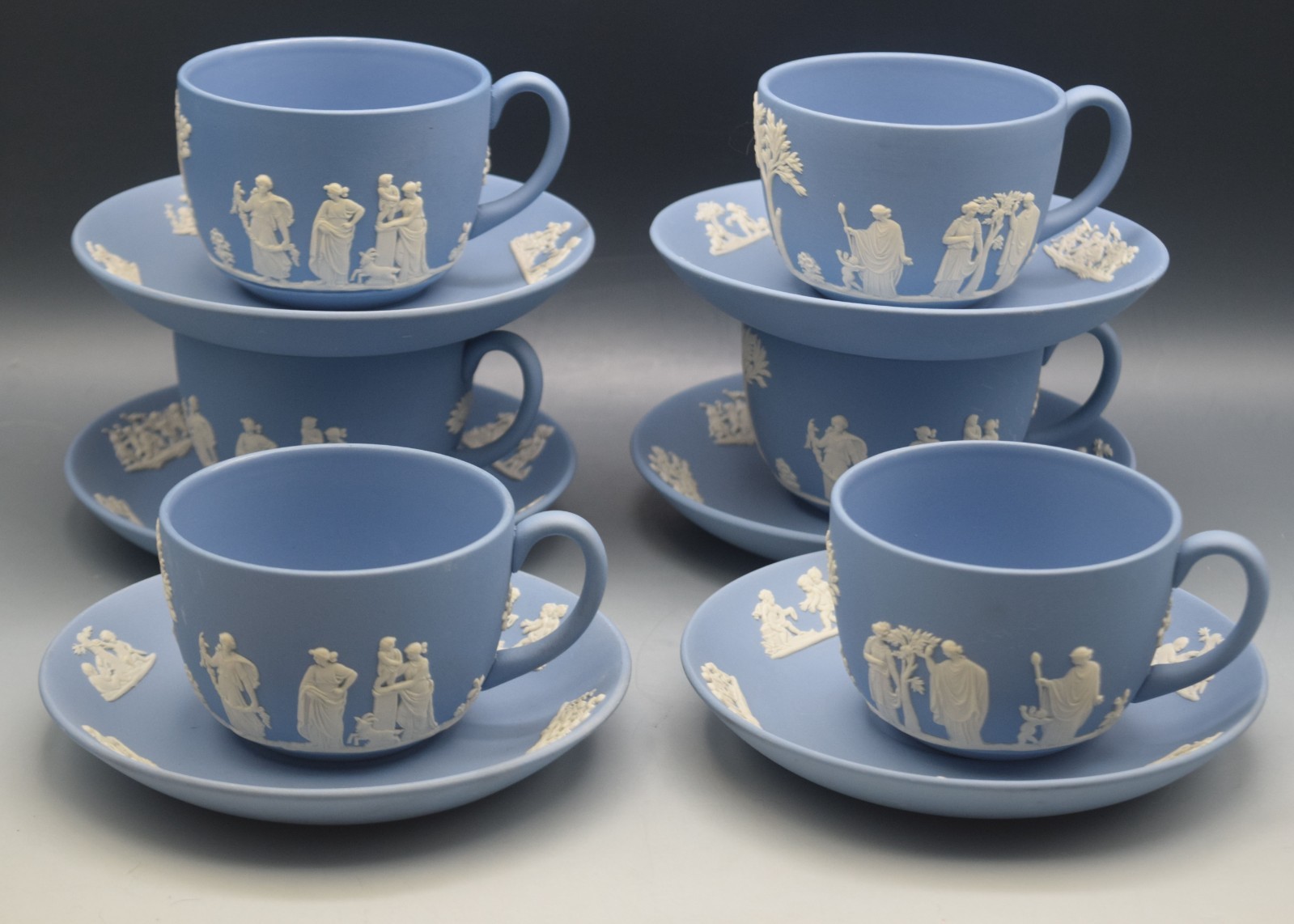 6 SETS WEDGWOOD BLUE JASPERWARE CUPS AND SAUCERS NEOCLASSICAL MYTHOLOGY