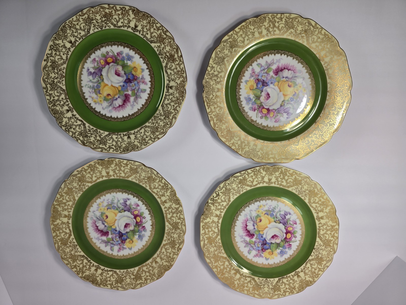 Vintage Bohemia Czechoslovakia Dinner Plates Green Gold Floral Macy’s Set of 4