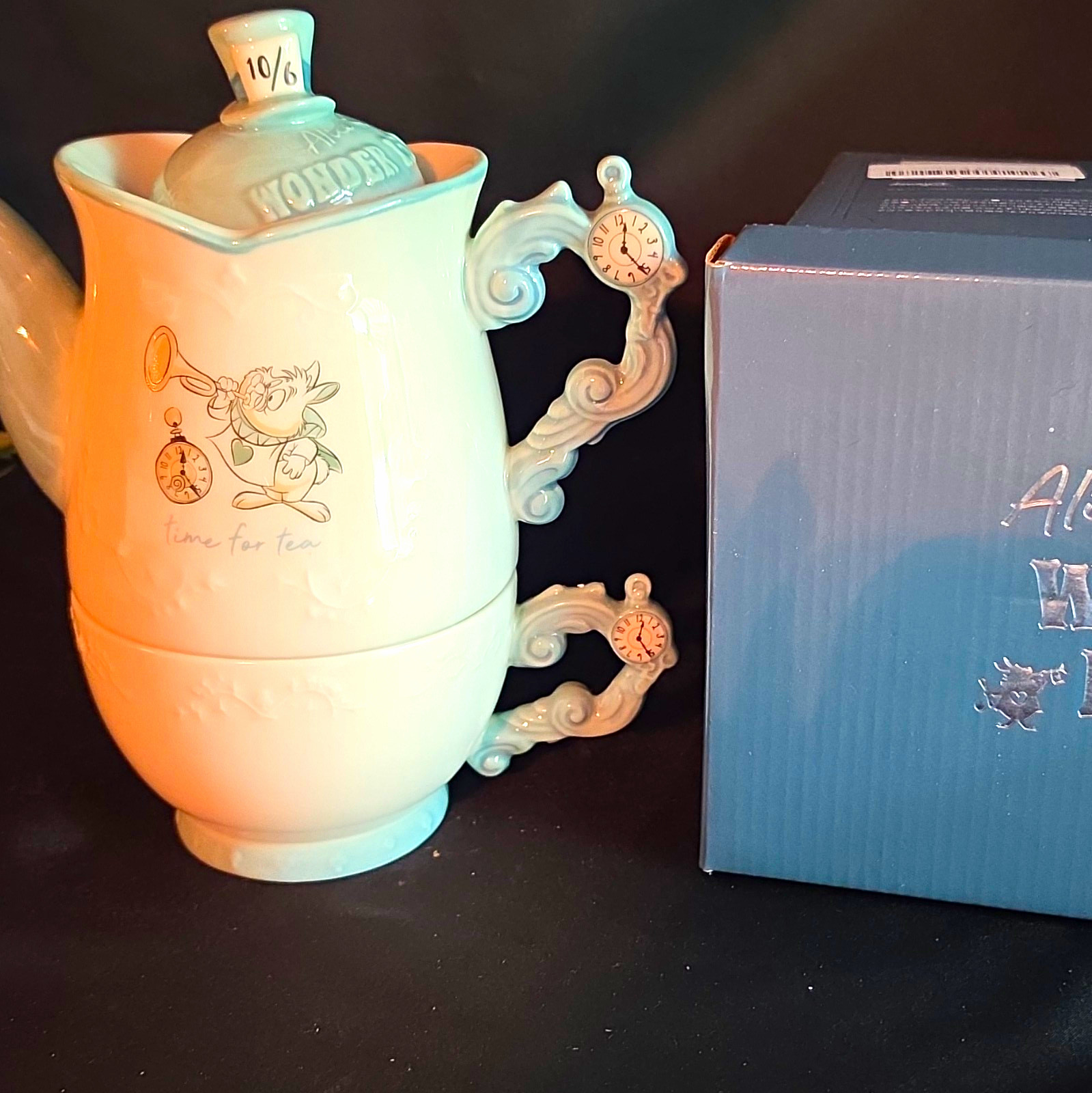 Alice in Wonderland Time for Tea Ceramic Tea Set w/ Lid, White & Blue