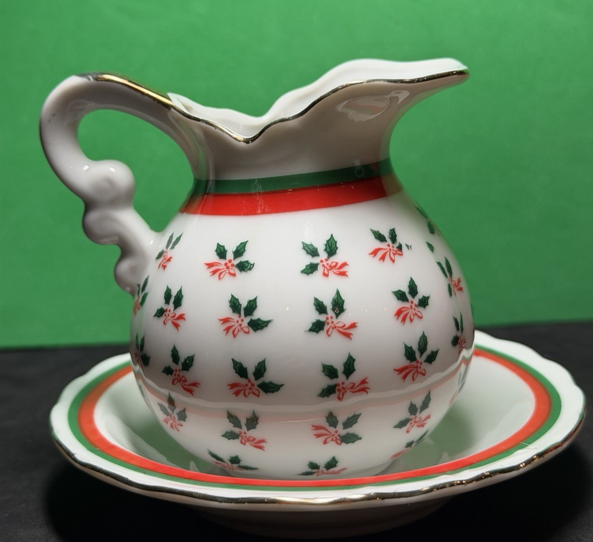3 Vtg LEFTON Holly & Poinsettia Mini Pitcher Creamer and Basket Christmas Flower