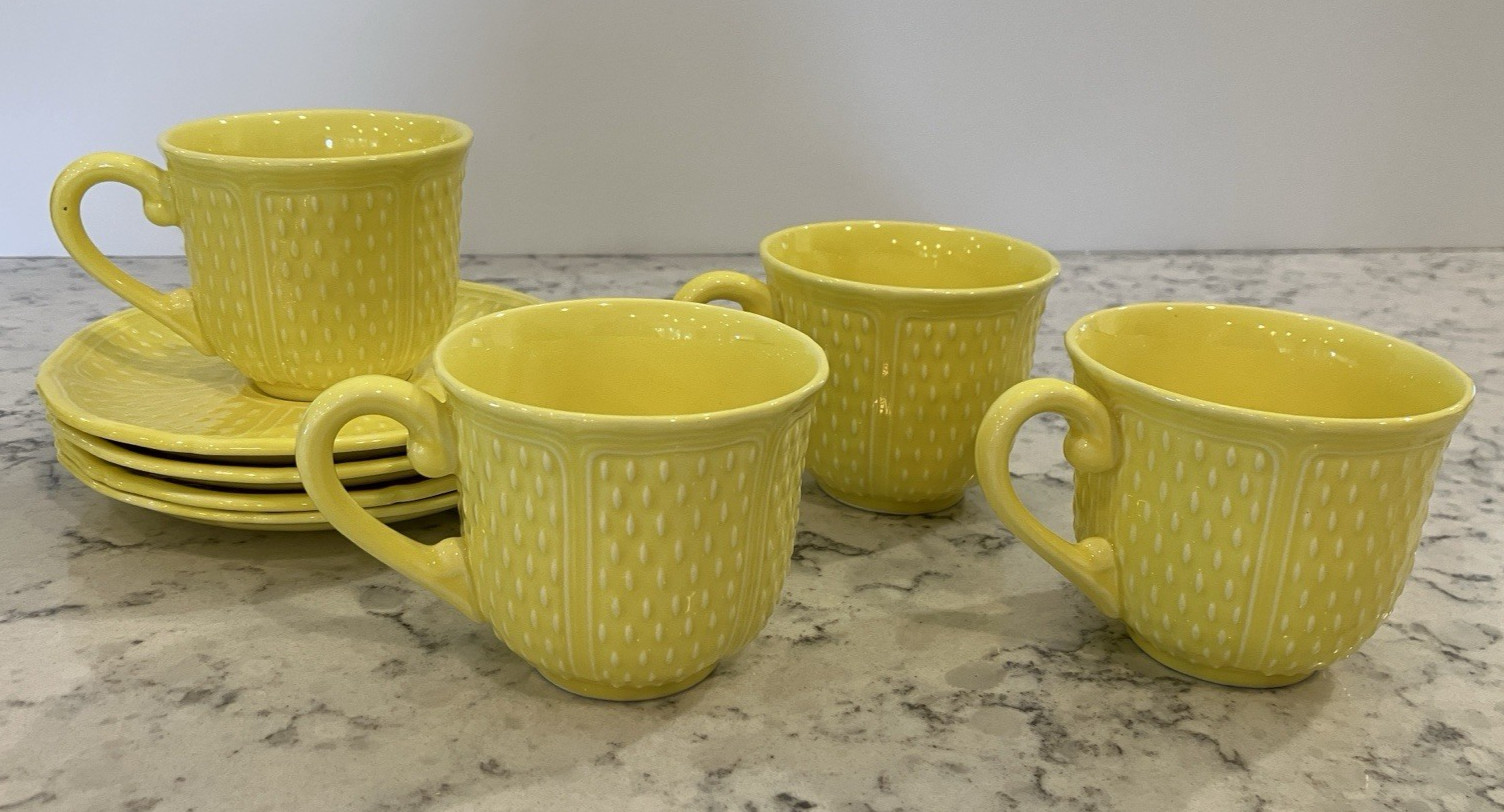 Vintage Bon Vivant Faience Yellow Hobnail 4 cups & 4 Saucers Set France Tea