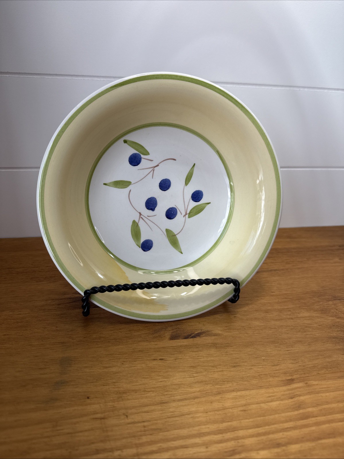 Vintage CMS Italy Hand Painted Blue Berry Bowl 8.25” Yellow Green Rim