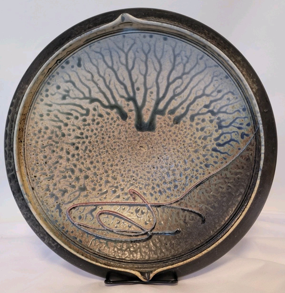 Signed Richard Aerni 1992 Glazed Stoneware Pottery Bowl 13.5″ Diameter, Crack