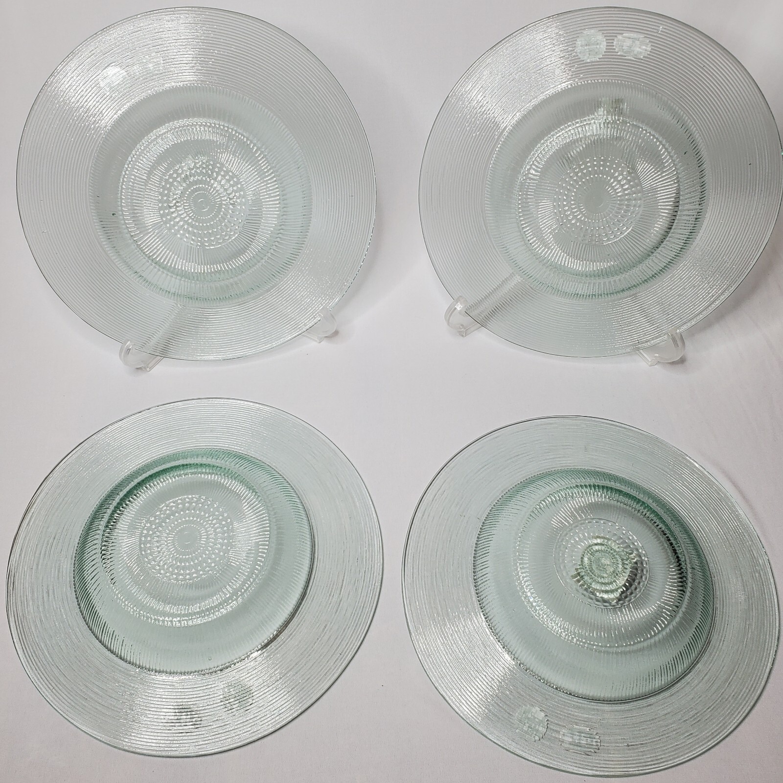 4 Recycled Spanish Glass Dinner Plates 10″ Set Wide Rim Clear Green Textured NOS