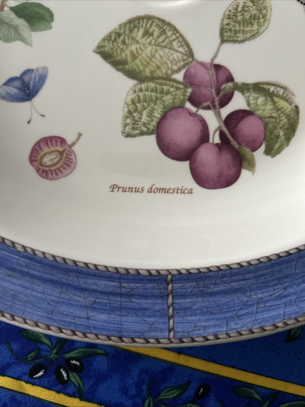Vtg Wedgwood Sarah’s Garden Serving Tray Featuring A Blue Textured Rim & Fruit.