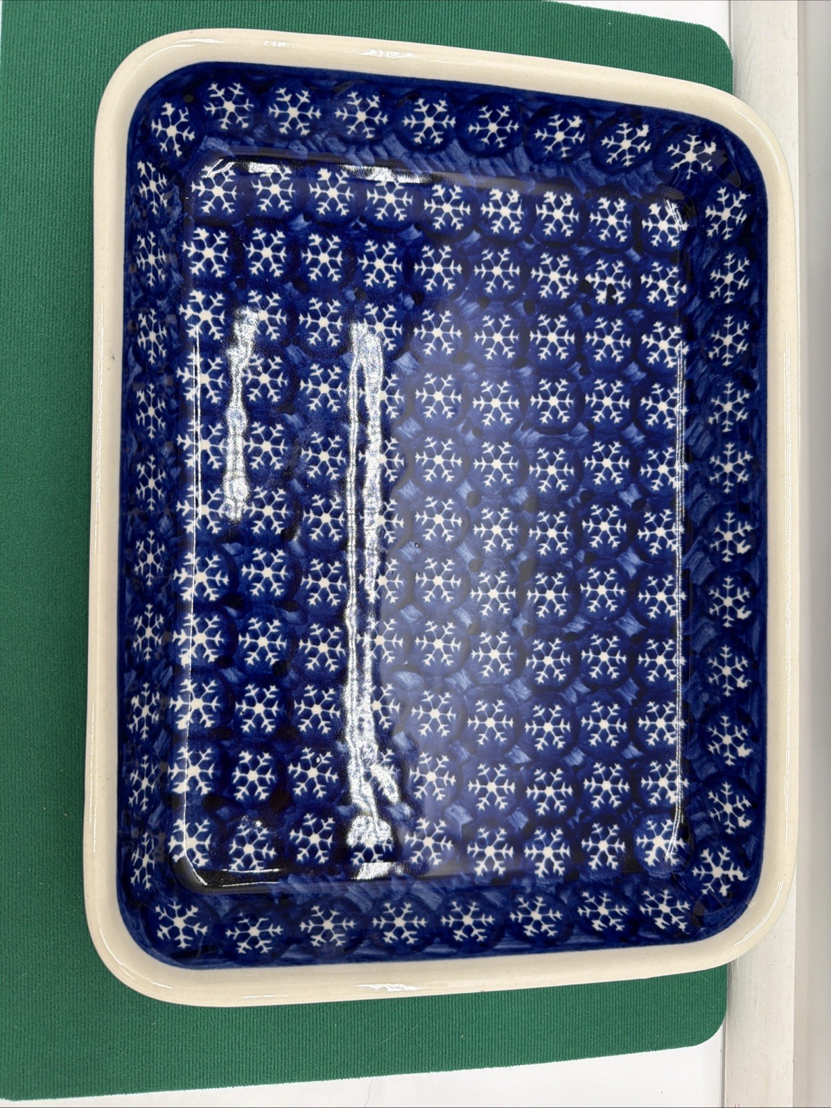 Vintage Polish Pottery Boleslawiec Blue Snowflake Rectangular Stoneware Dish