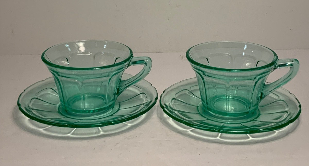 Set of 2 Vintage Diamond Glass Co. Victory Green Uranium Glass Cups & Saucers