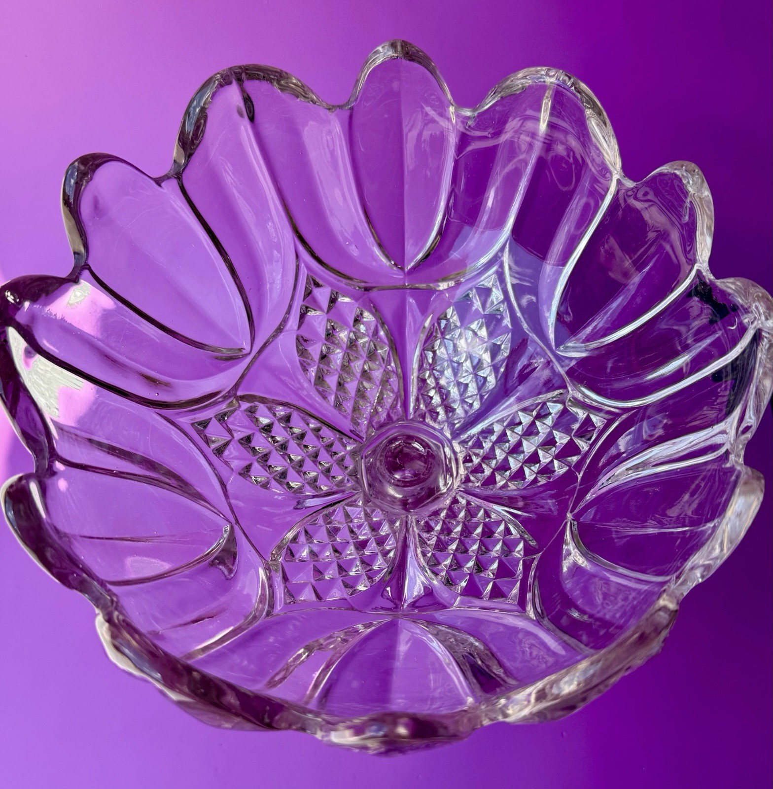 EAPG Glass Pedestal Compote Bowl Round, Scalloped Rim Excellent Condition, Heavy