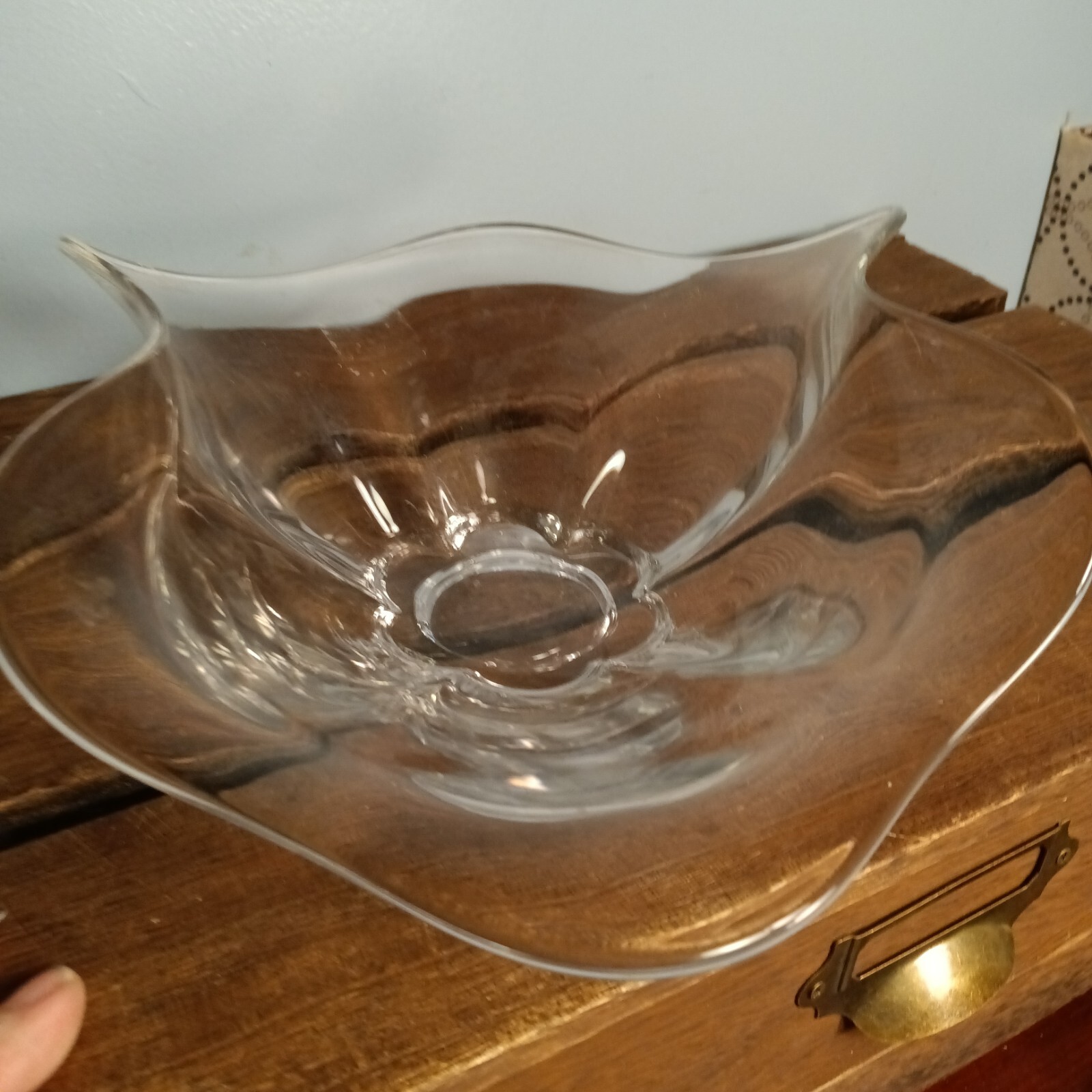 Vintage Clear Glass Flower Shaped Bowl, Pinched Sides, Art Bowl, Ruffled