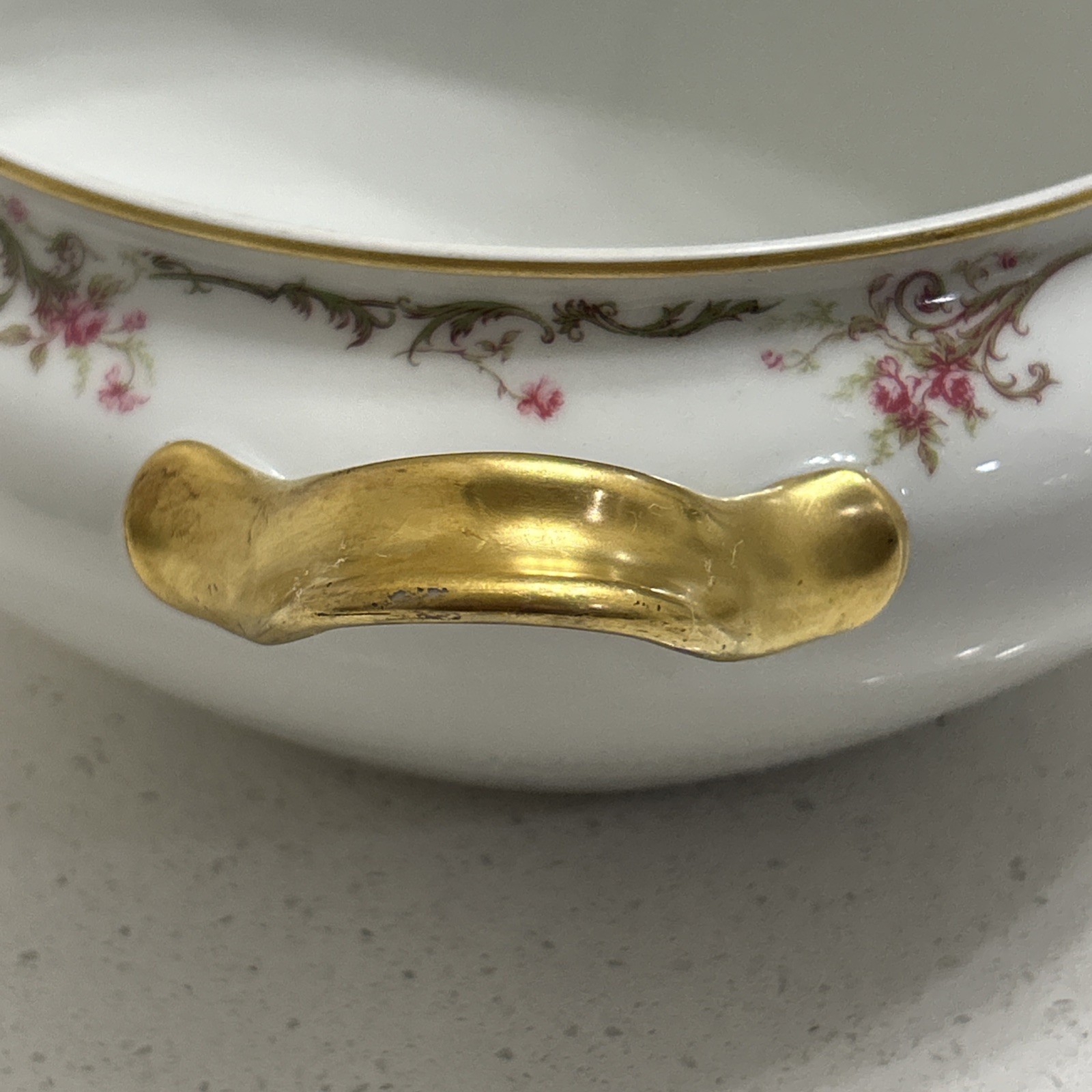 Haviland Limoges France Handled Casserole Dish Pink Rose Garland & Gold Trim