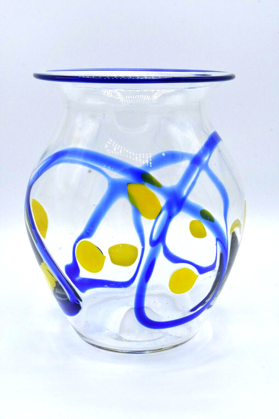 Hand Blown Art Glass Vase Clear with Cobalt Blue Swirls Yellow Spots Mexico?