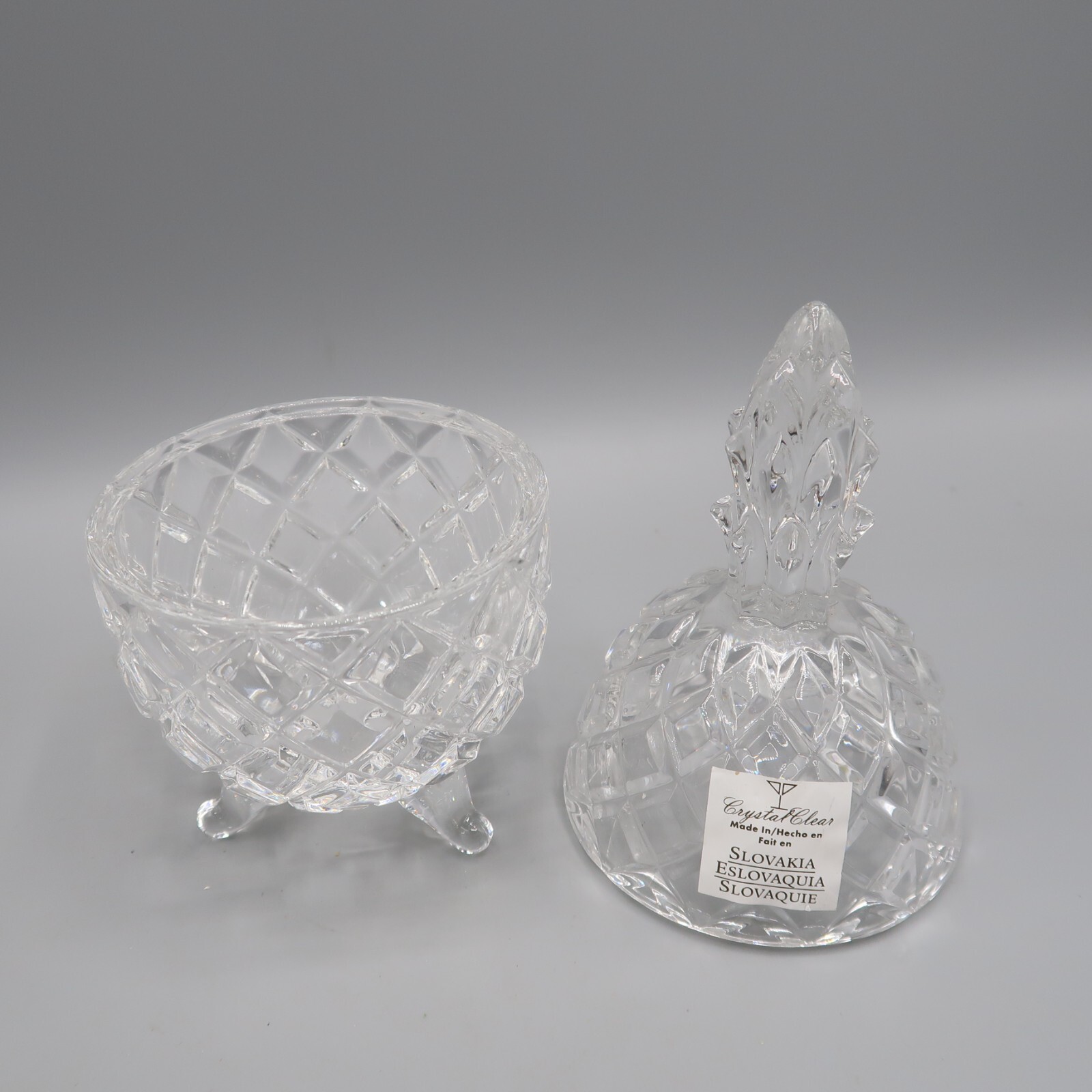 Vintage Pineapple Shape Crystal Clear Glass Footed Covered Candy Dish Slovakia