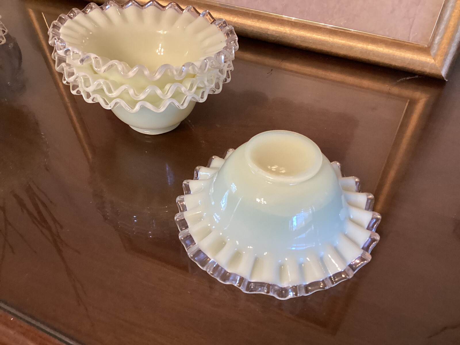 Fenton Glass Crested Opalescent Yellow /Green Pastel Milk Glass Bowls