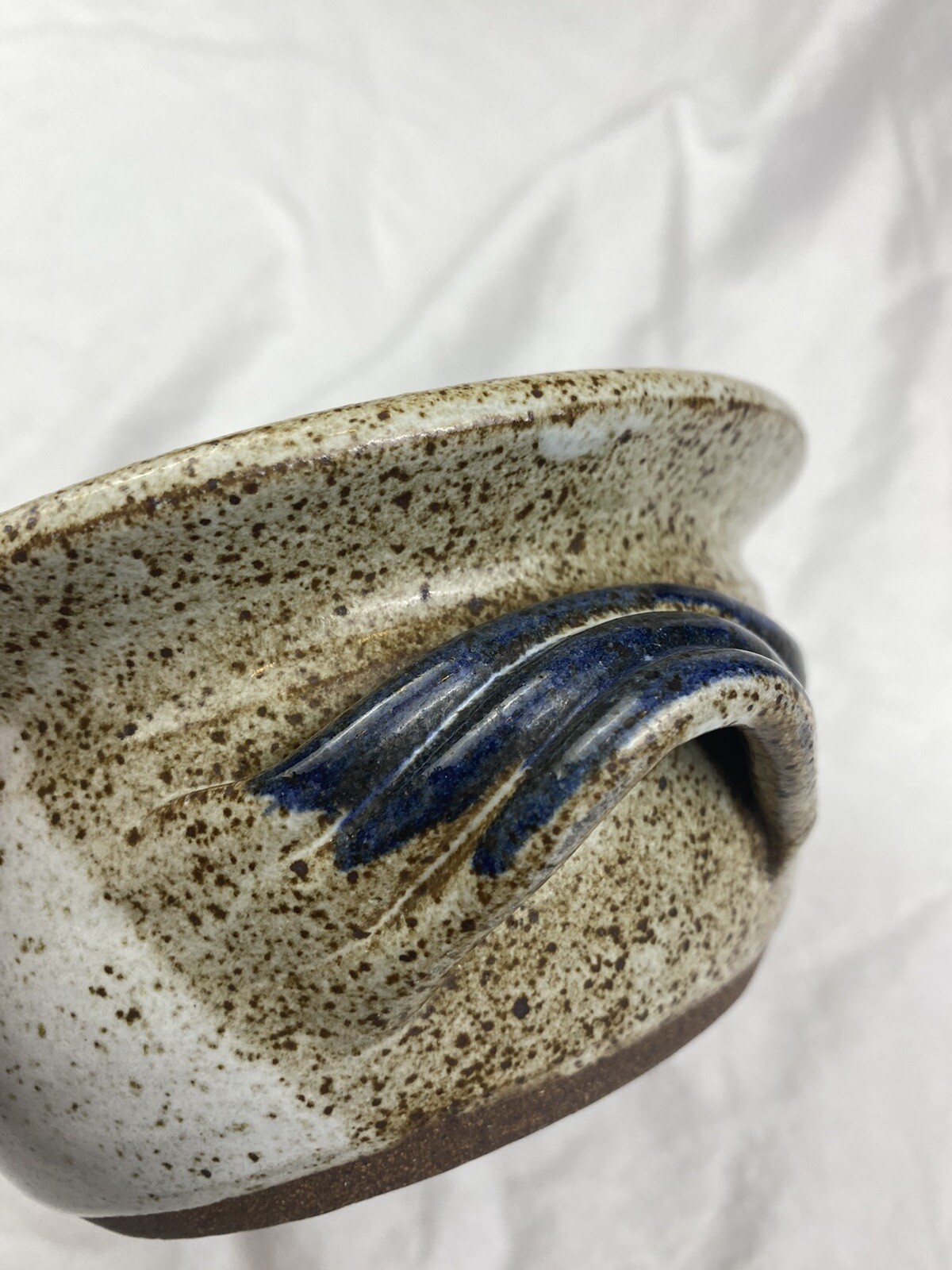 Pottery Bowl Or Brie Baker Pot Blue Tan White Speckled Glaze 6-3/4” Diameter