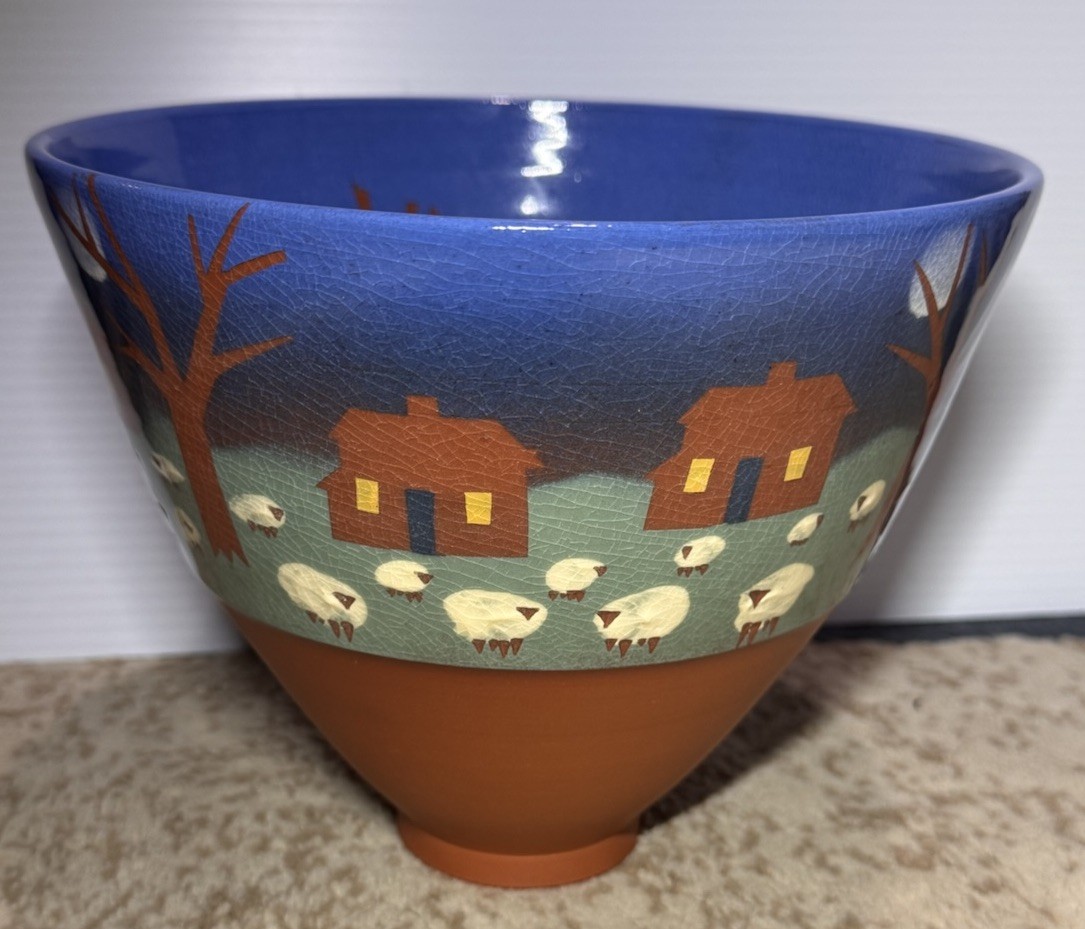 FOLK ART VILLAGE SCENE WITH SHEEP TALL BOWL ARTIST SIGNED VAUGHAN L SMITH 1988