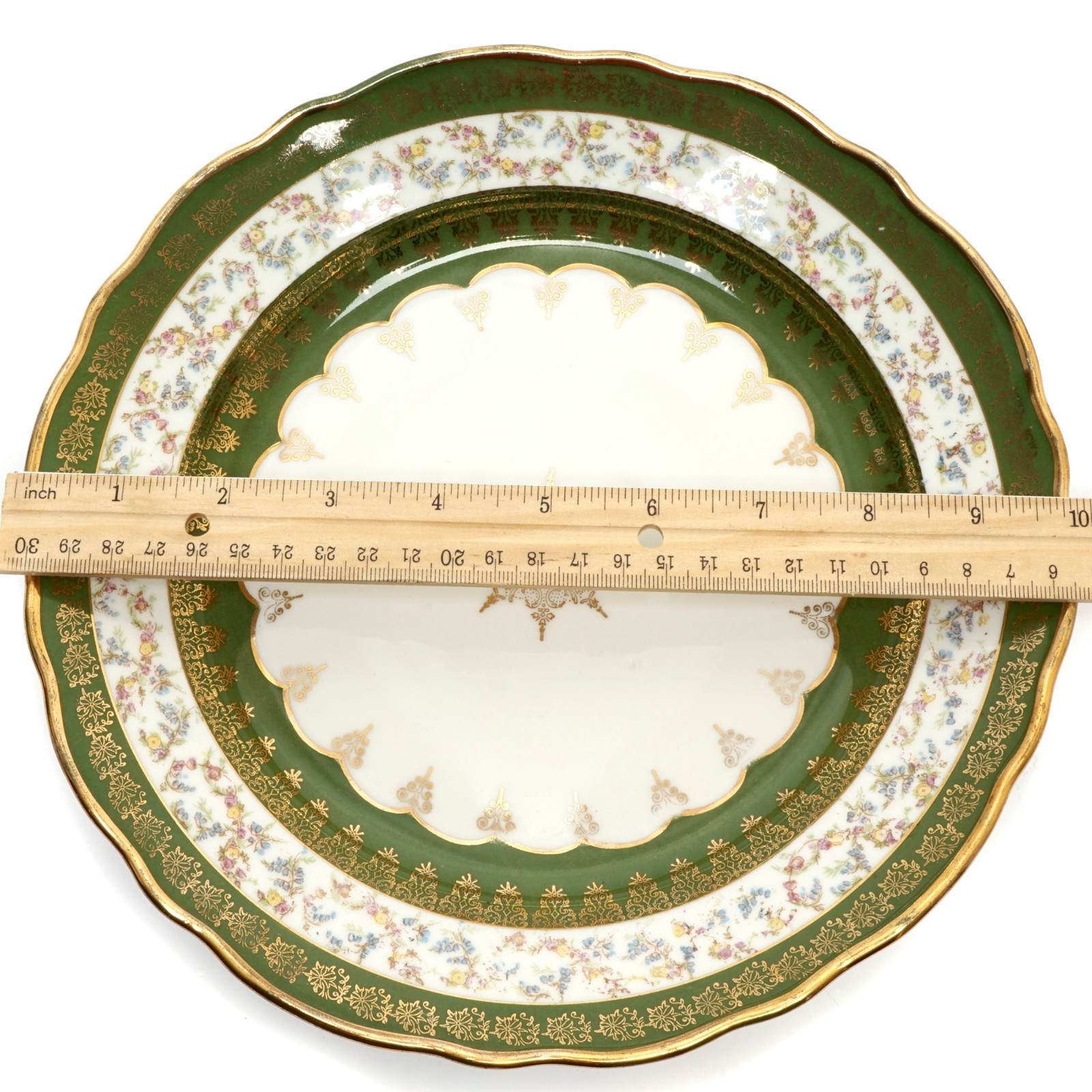 Antique Plates Set of 6- 10 Inch Green Floral Border Gold Trim Austria Stamboul
