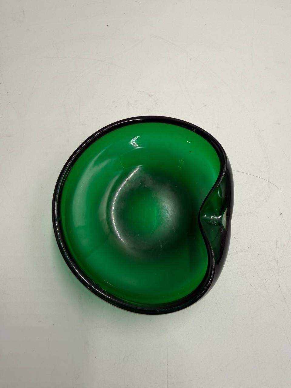Vintage Green Art Glass Bowl Heavy Thick Glass Asymmetrical Notch MCM