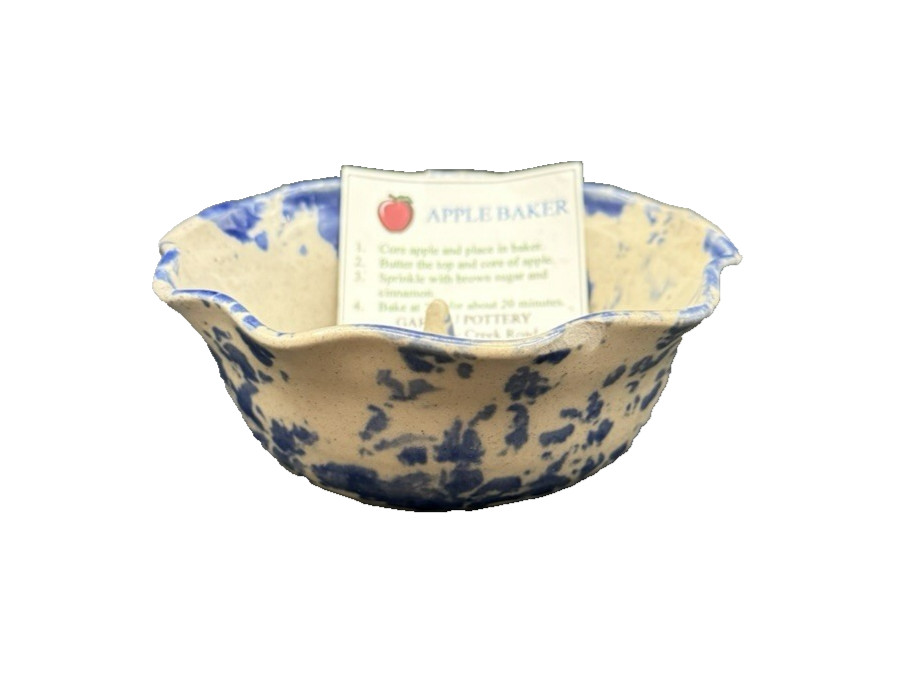 Garrou Pottery North Carolina Blue Sponge Design Apple Baker Signed
