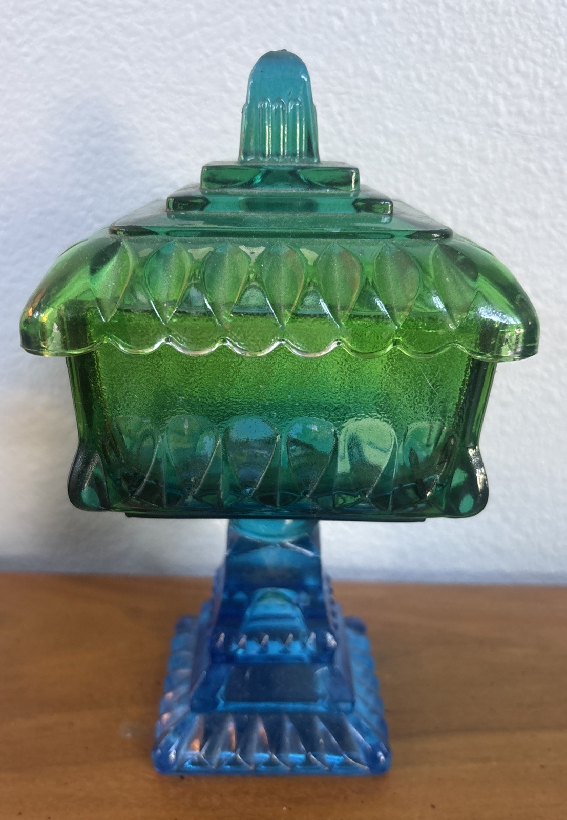 Vintage Jeannette Green to Blue Flashed Glass Compote Candy Dish