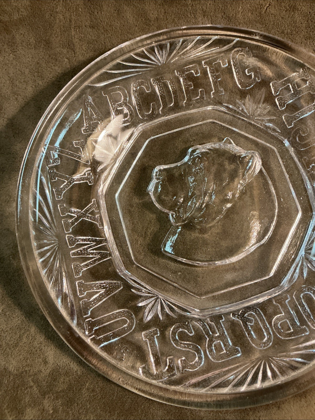 Bryce Higbee and Co. Rovers ABC plate 1880s pattern glass child’s dog plate