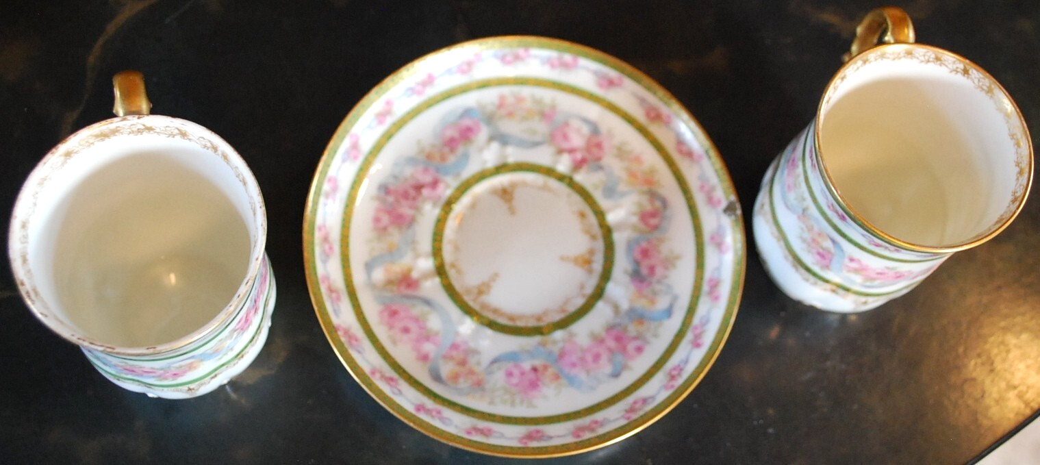 HAVILAND LIMOGES Antique Set CHARLES FIELD Chocolate Pot/ 2 Cups 1 Saucer FRANCE